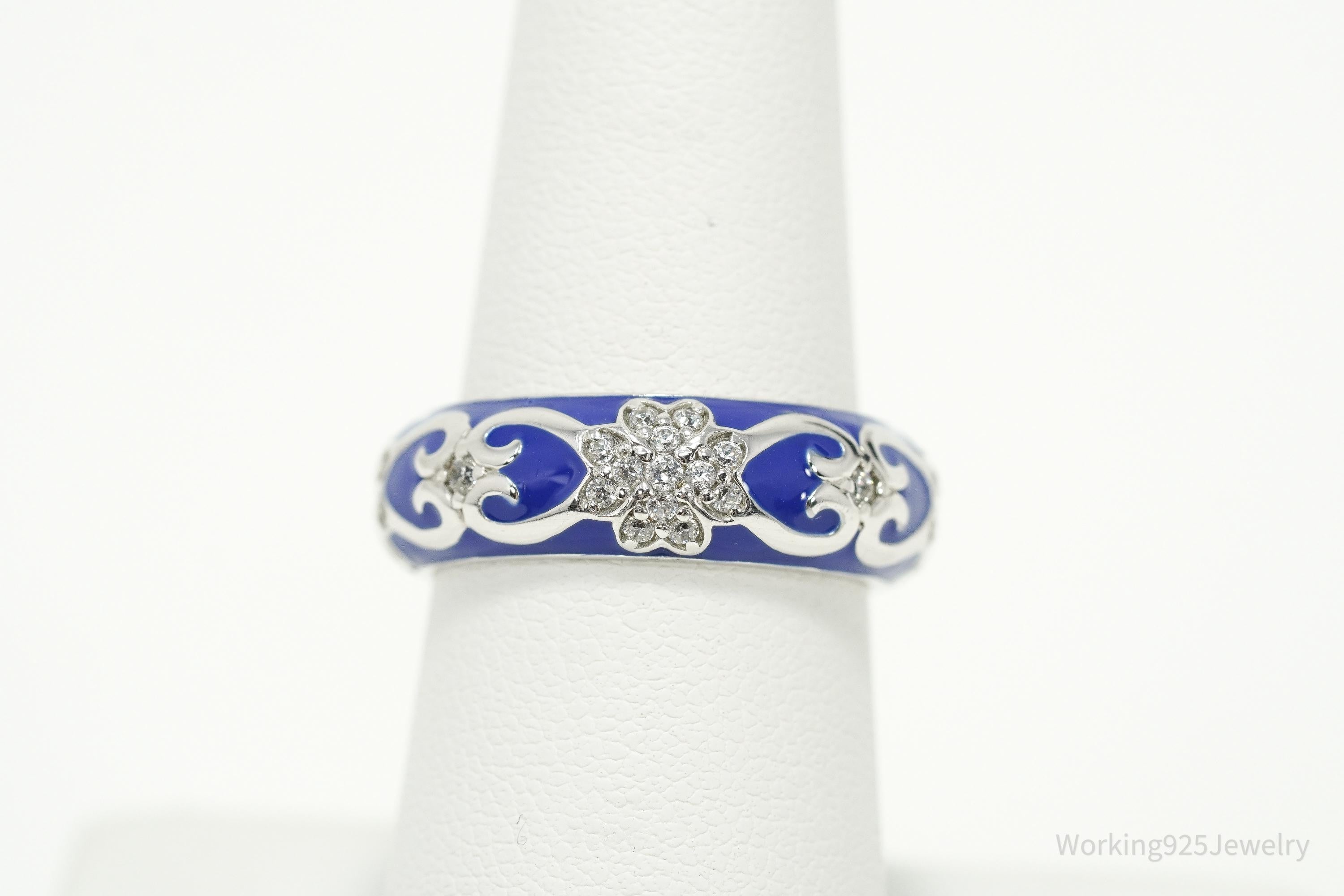 Y2K Blue Enamel & Cubic Zirconia Sterling Silver Band Ring – Size 7.25