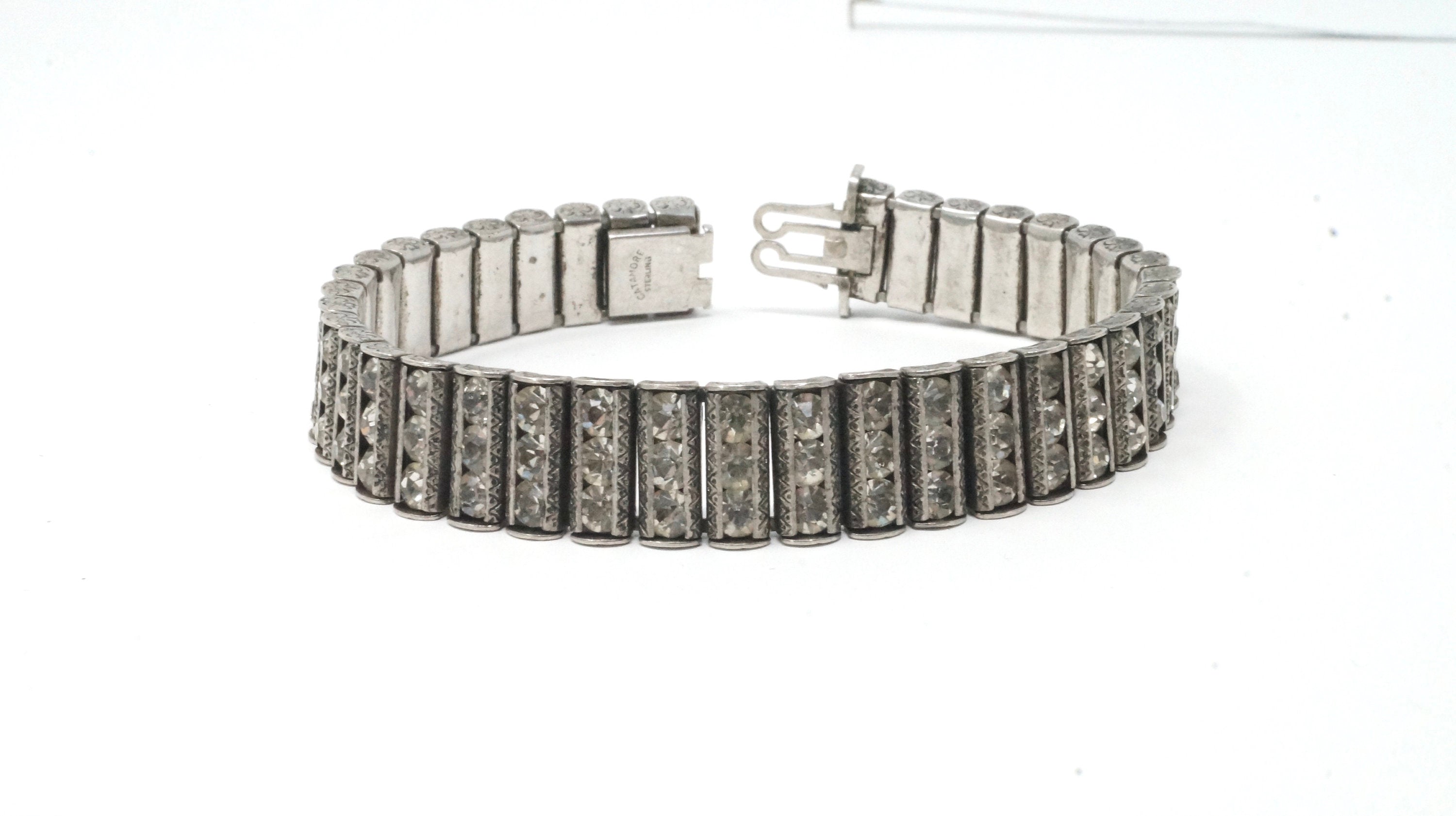 Vtg Designer Catamore 1940s Sterling Silver Rhinestone Art Deco Channel Bracelet