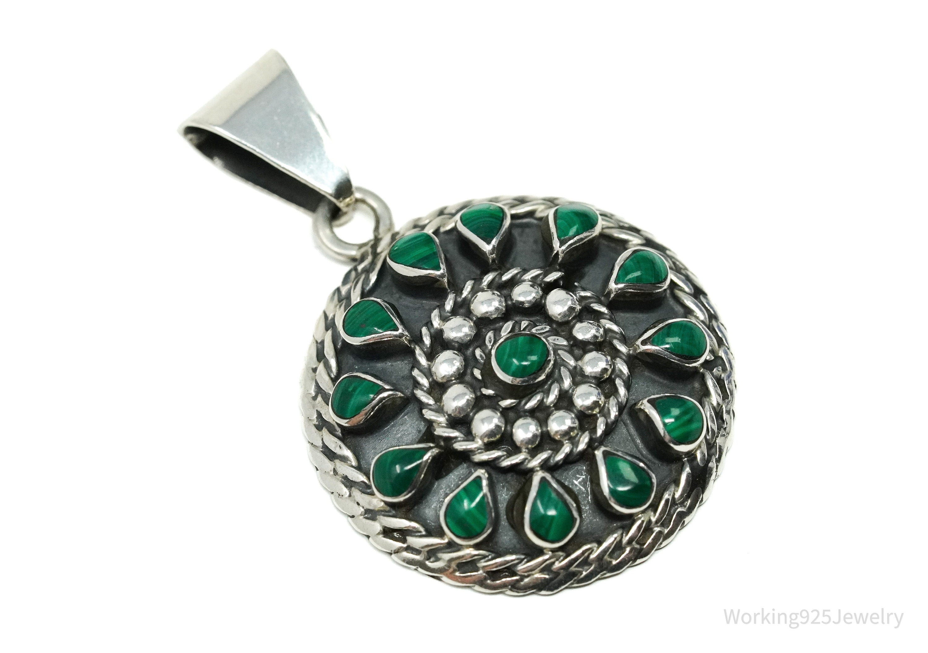 Vintage Large Mexico Malachite Sterling Silver Pendant 1 5/8"