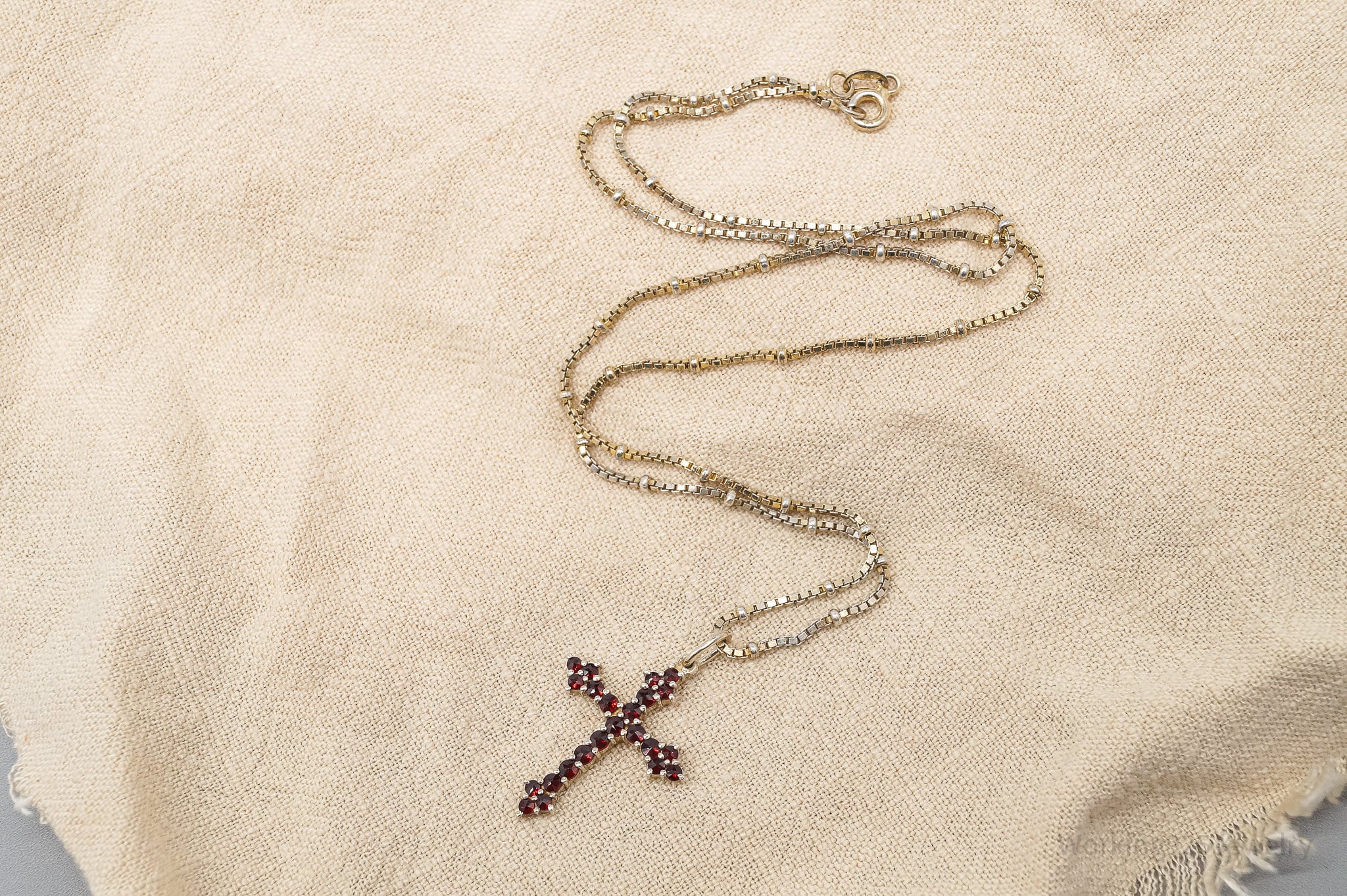 Antique Bohemian Garnet Gold Silver Cross Pendant Sterling Silver Necklace 18"