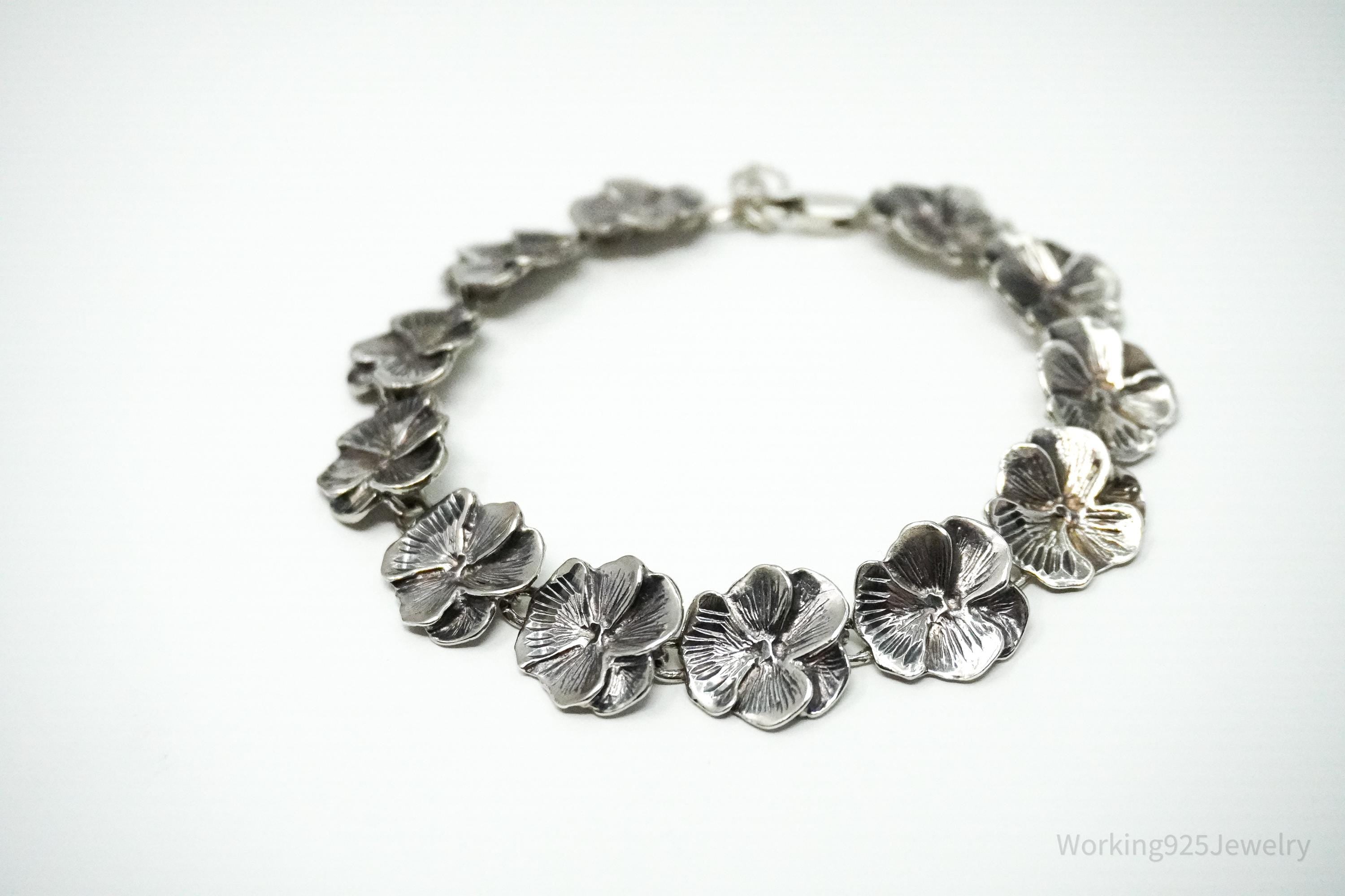 Vintage Flowers Sterling Silver Bracelet 8 1/8"