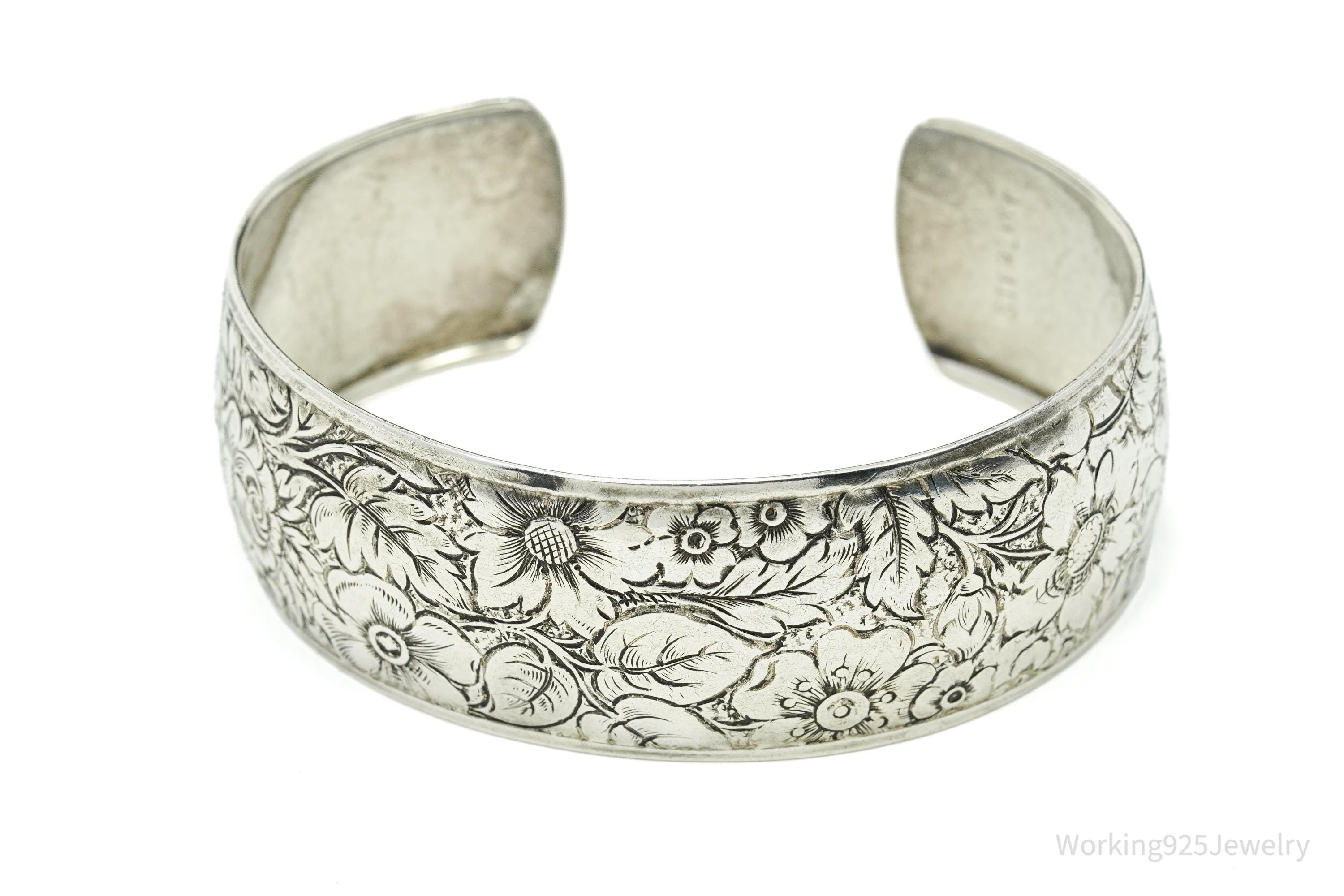 Antique Art Nouveau Floral Pattern Sterling Silver Cuff Bracelet - 7.5"