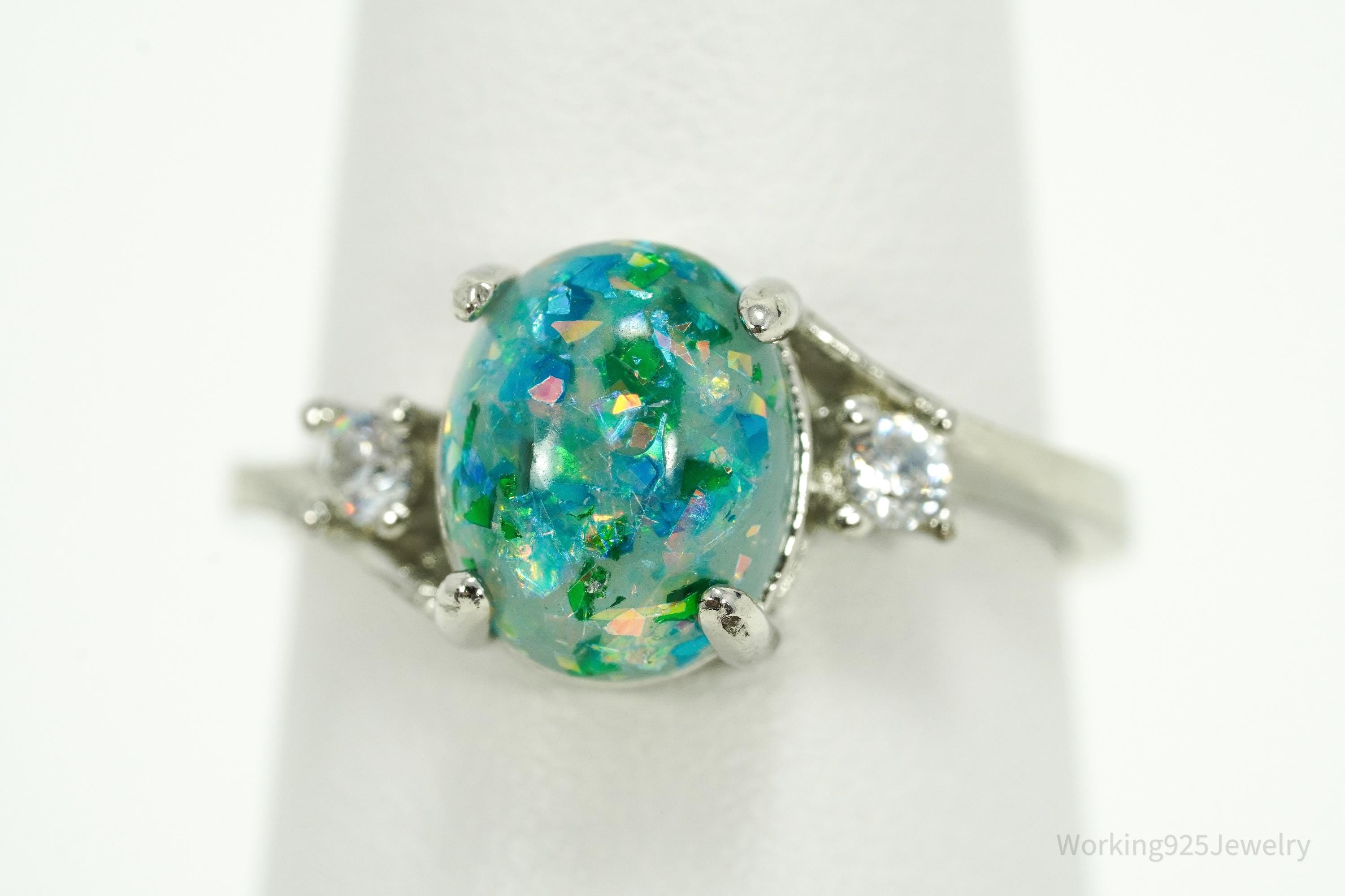 Vintage Faux Opal & Faux Diamonds Sterling Silver Plated Ring - Size 7