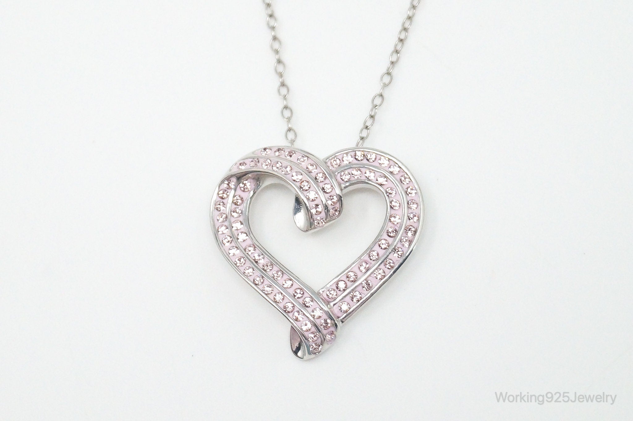 Vintage Designer RL Heart Pink Cubic Zirconia Sterling Silver Necklace