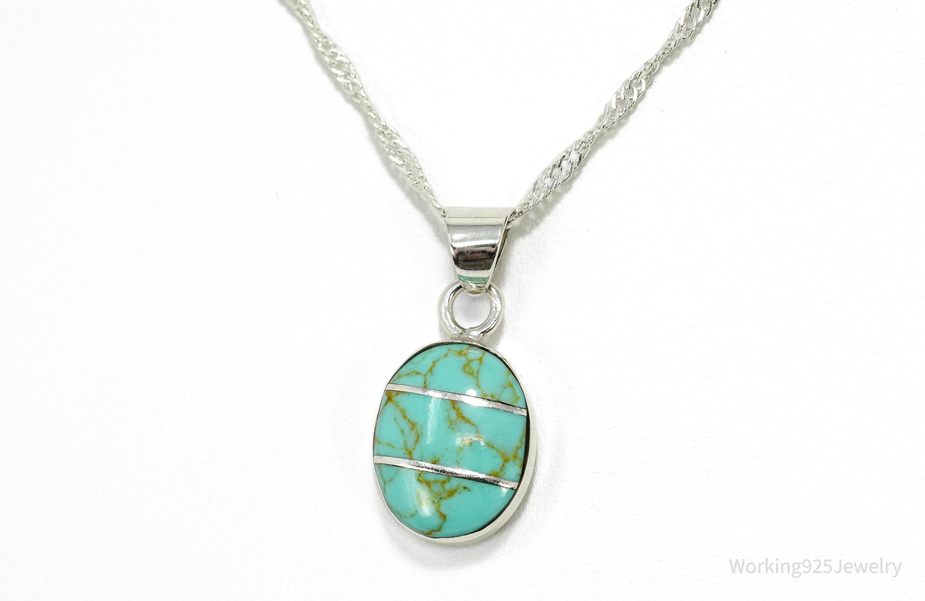 Vintage Blue Turquoise Inlay Sterling Silver Necklace 18"