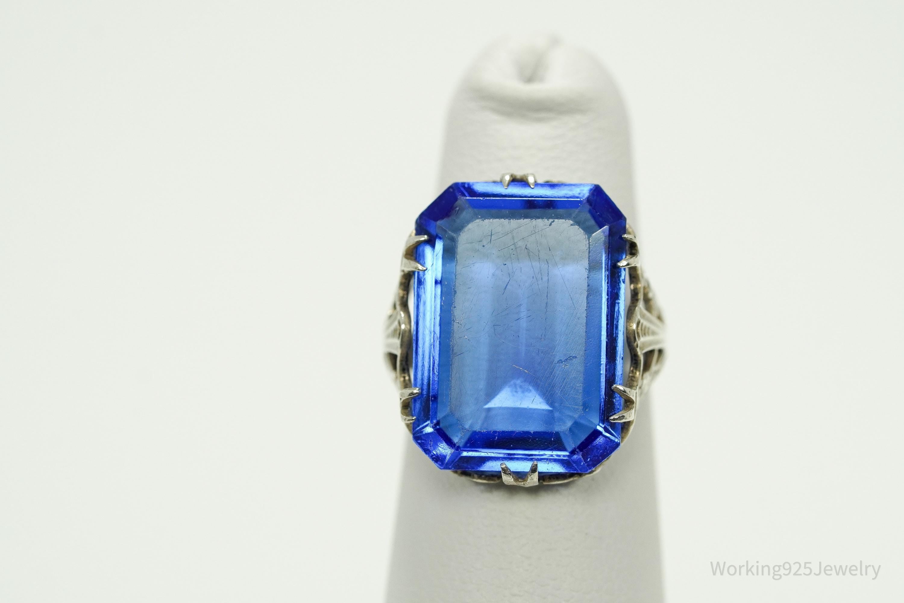 Antique Blue Art Glass Sterling Silver Ring - Size 5.25