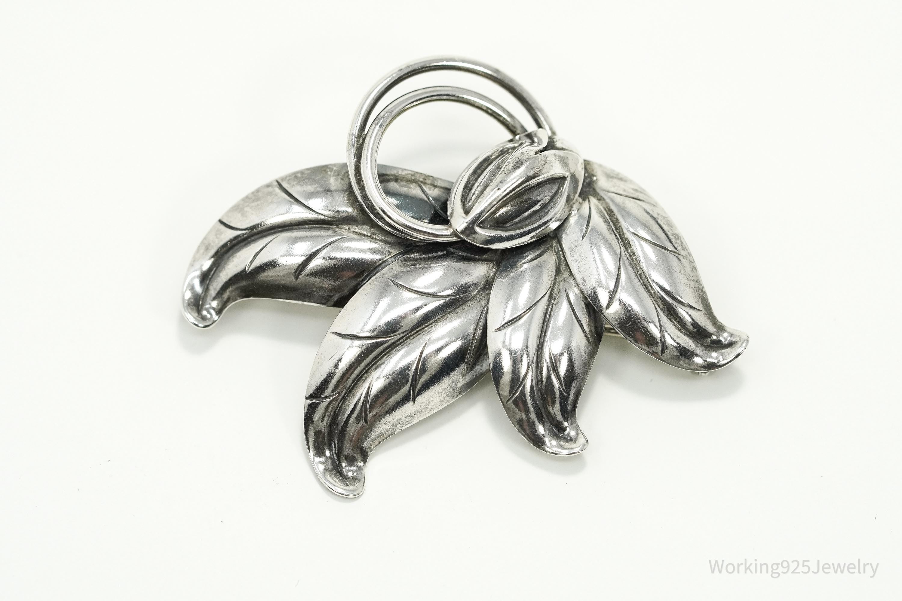 Large Vintage Denmark Hermann Siersbol Modernist Floral Sterling Silver Pin Brooch
