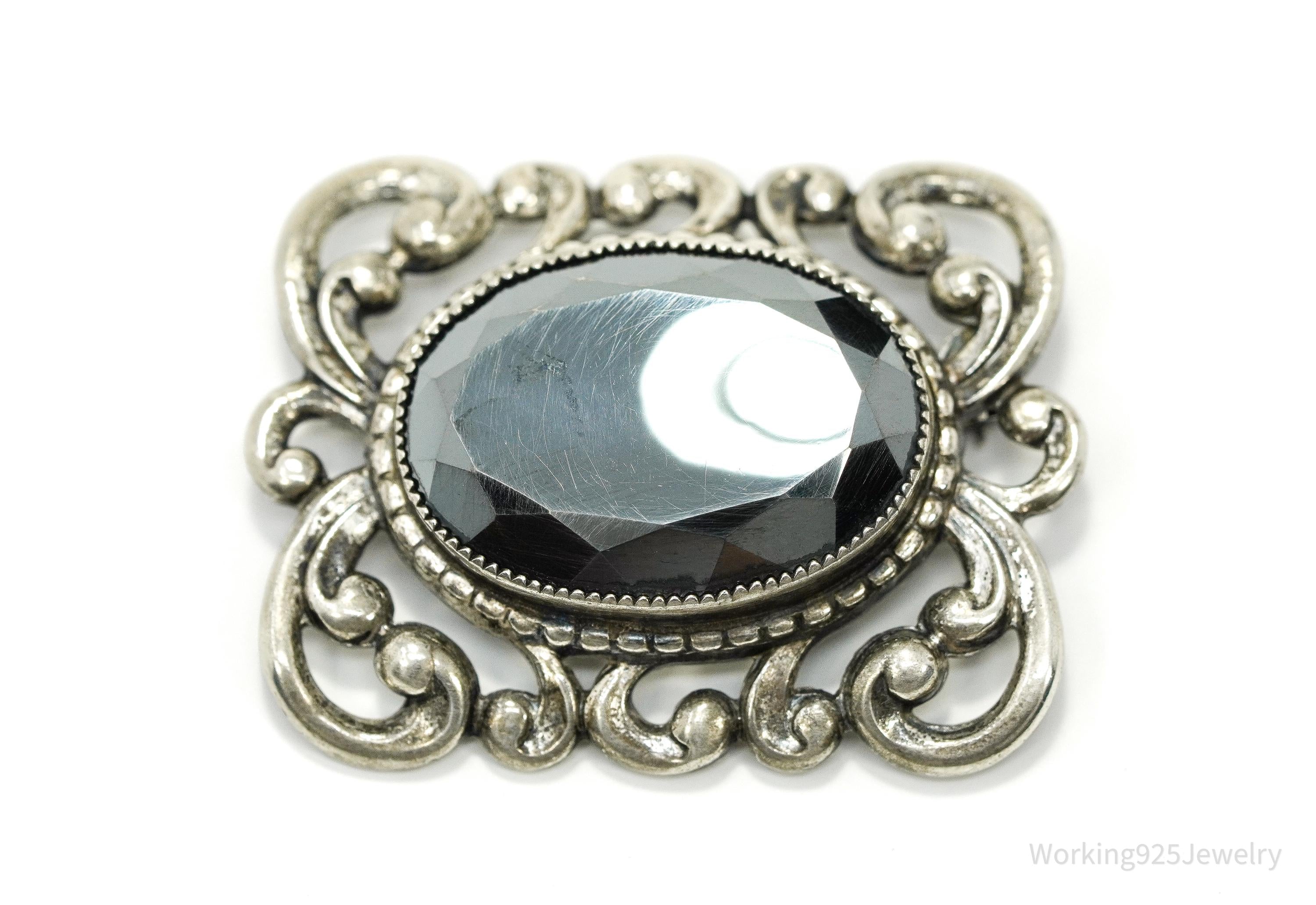 Vintage Designer Danecraft Hematite Ornate Sterling Silver Brooch Pin