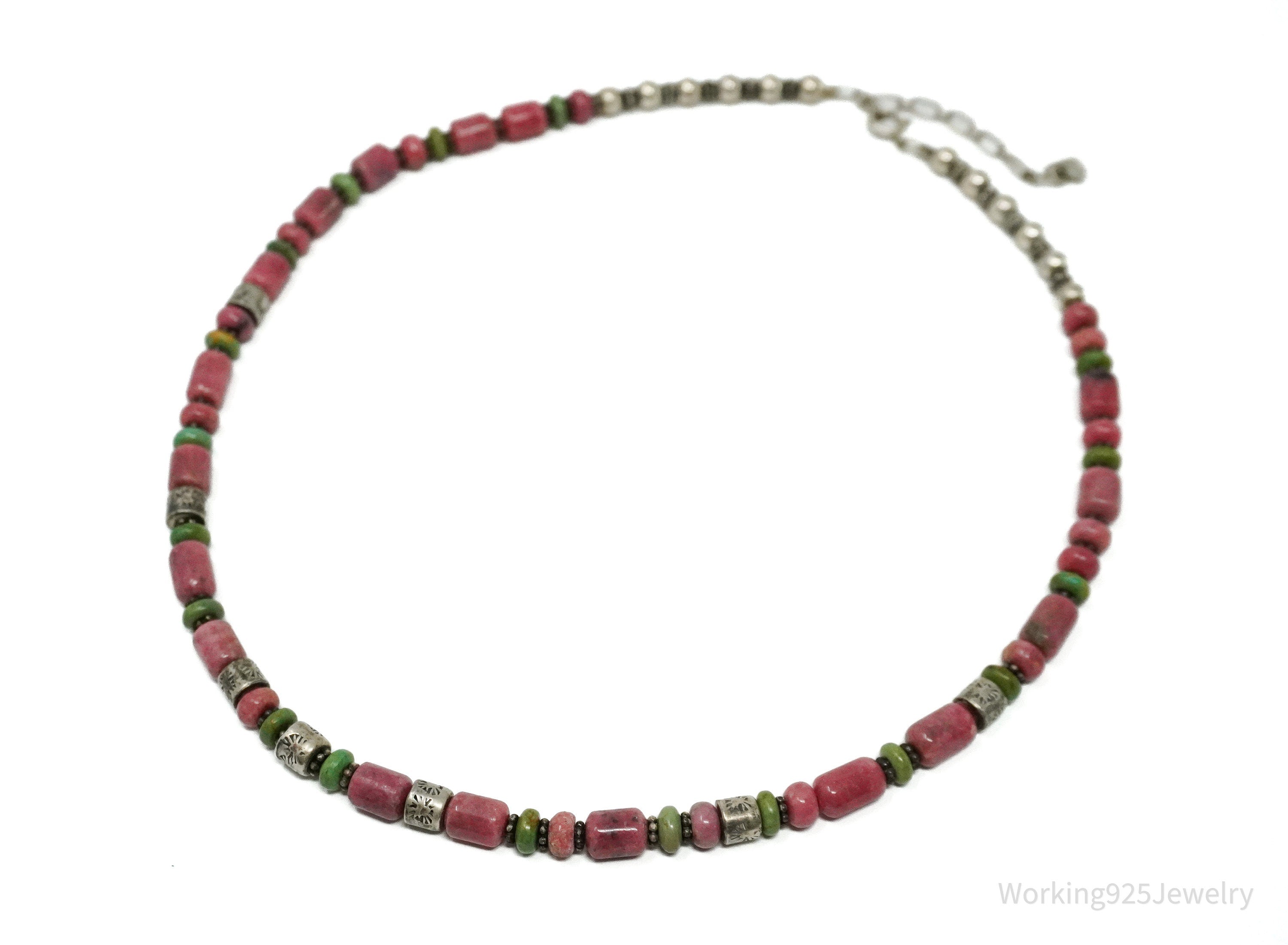 Vintage Western Rhodonite & Turquoise Bead Sterling Silver Necklace 19"