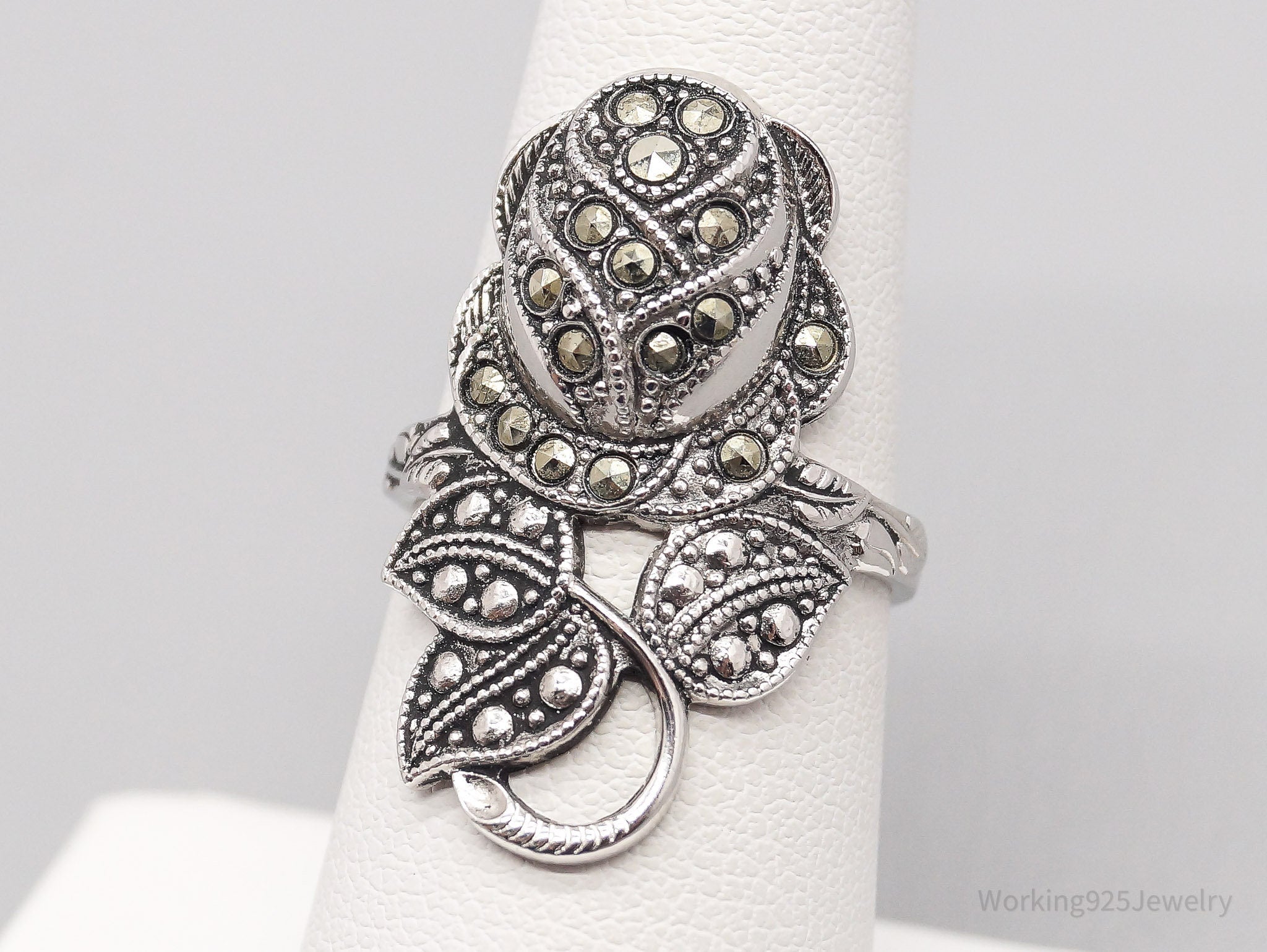 Vintage Coombs Marcasite Rose Rhodium Electroplated Ring - Size 6.75