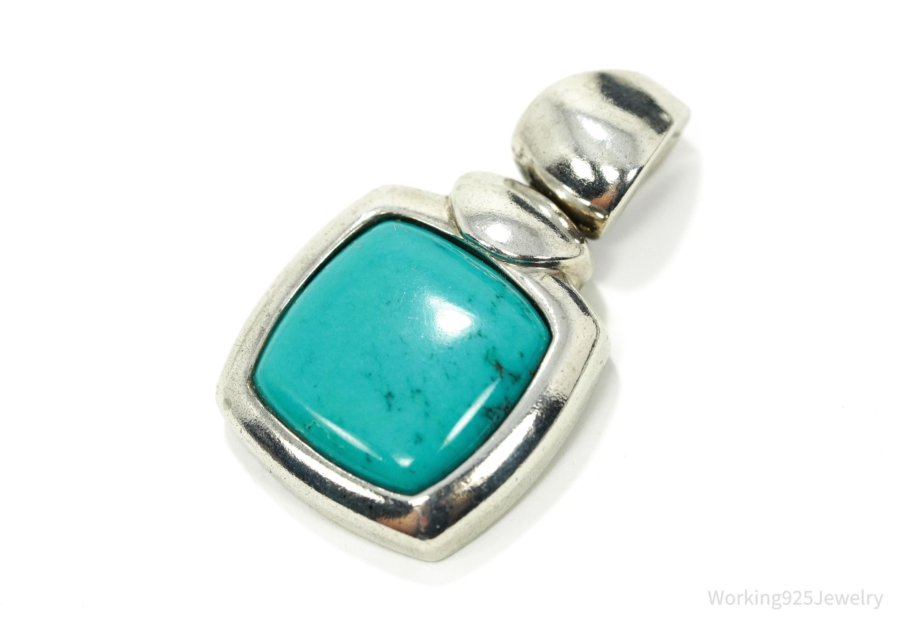 Vintage Blue Turquoise Sterling Silver Pendant 1.25"