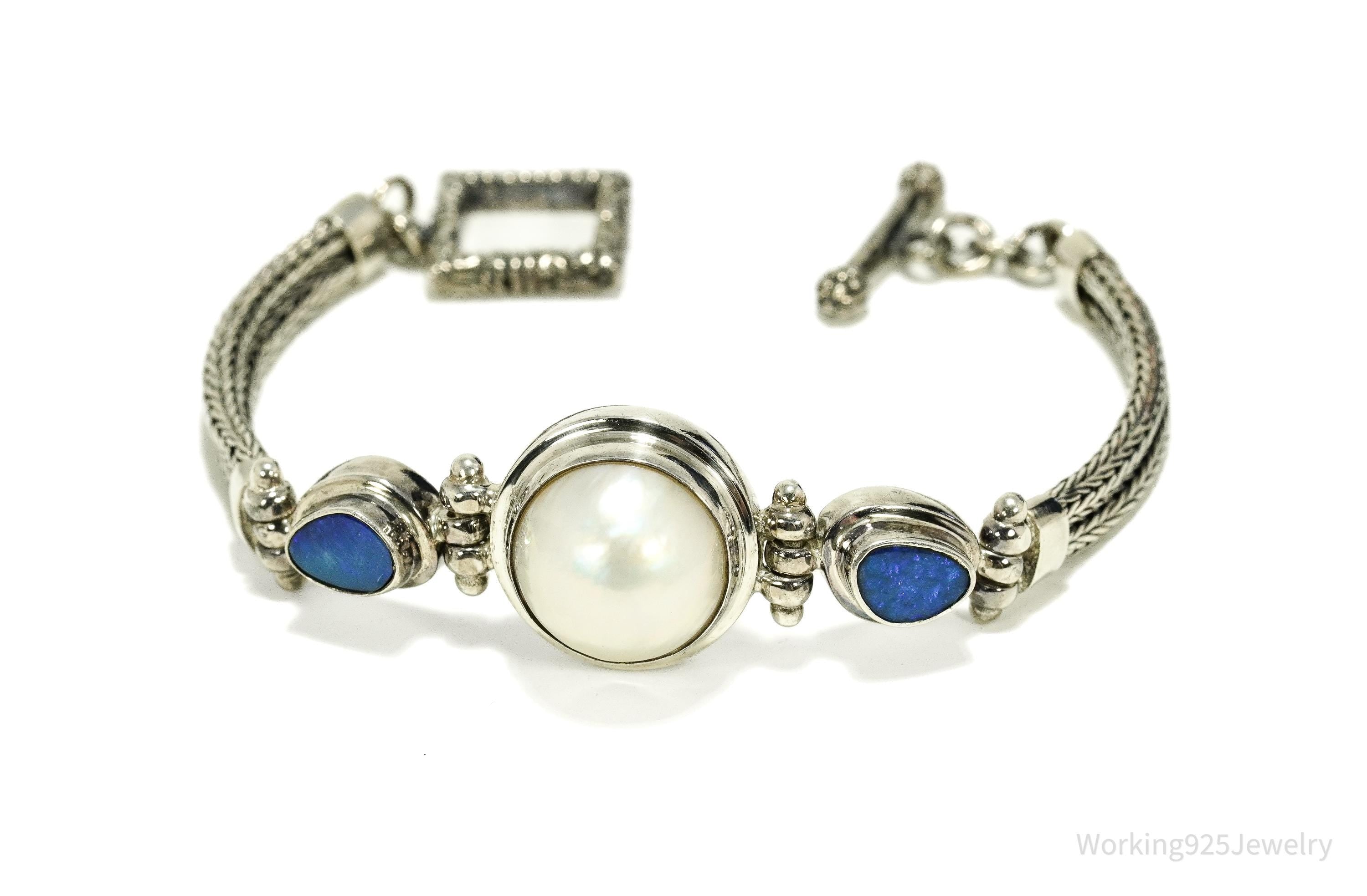 Vintage White Pearl & Opal Sterling Silver Toggle Bracelet 7 1/8"