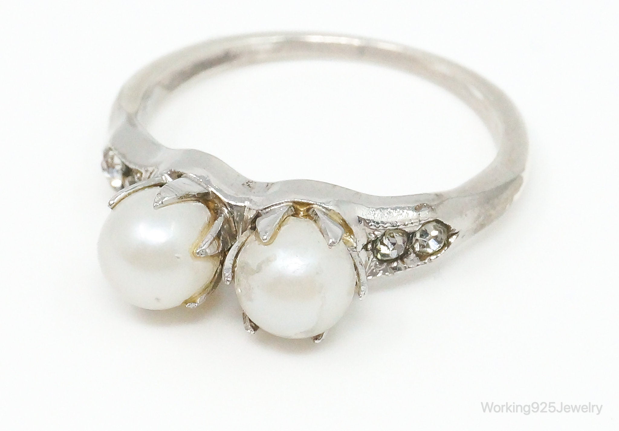 Antique Pearl Rhinestone Sterling Silver Ring - Size 6