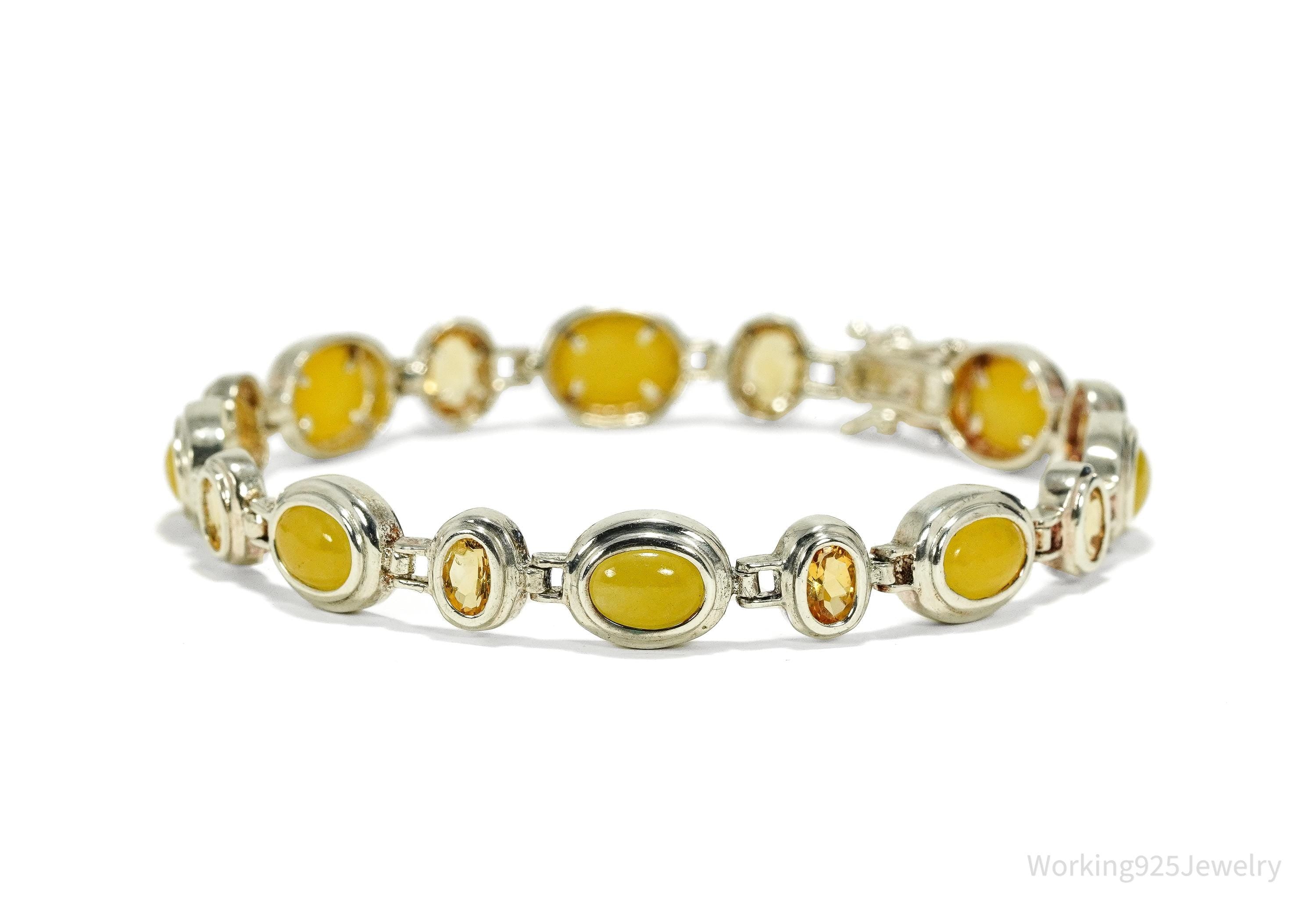 Vintage Yellow Jade & Citrine Sterling Silver Bracelet 7 7/8"