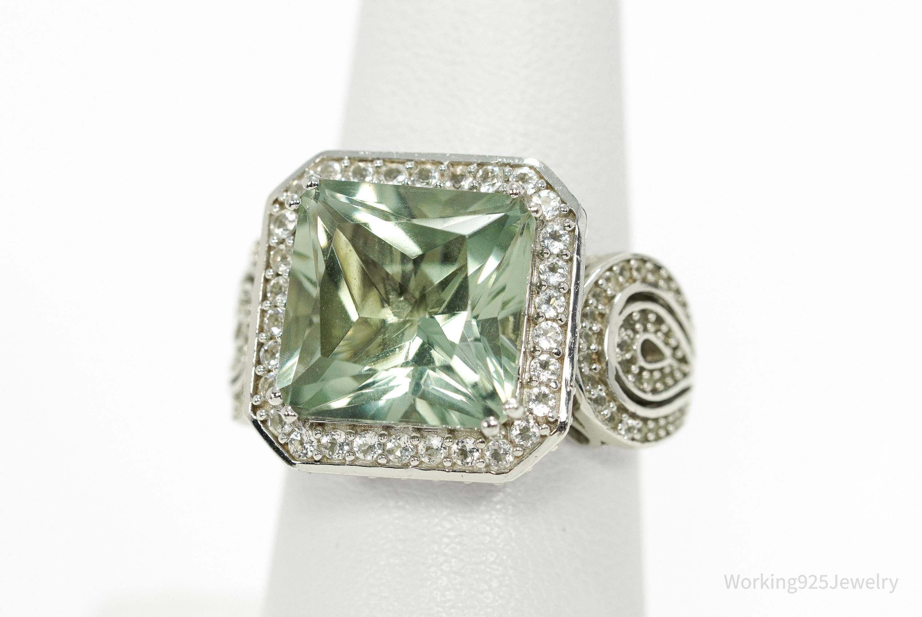Large Green Amethyst & White Topaz Sterling Silver Ring - Size 7