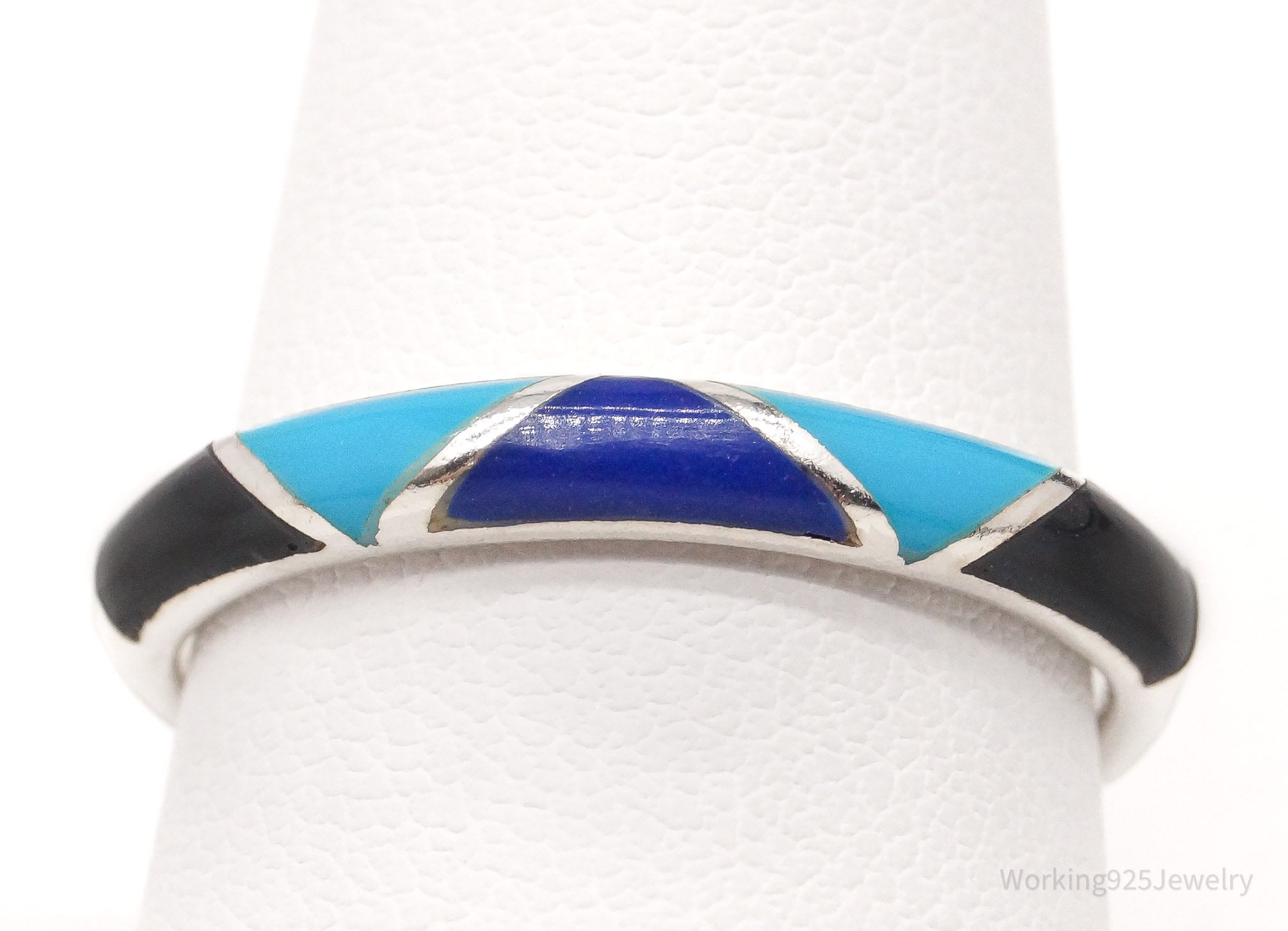 Vintage Turquoise Lapis Lazuli Black Onyx Inlay Sterling Silver Ring - Size 10