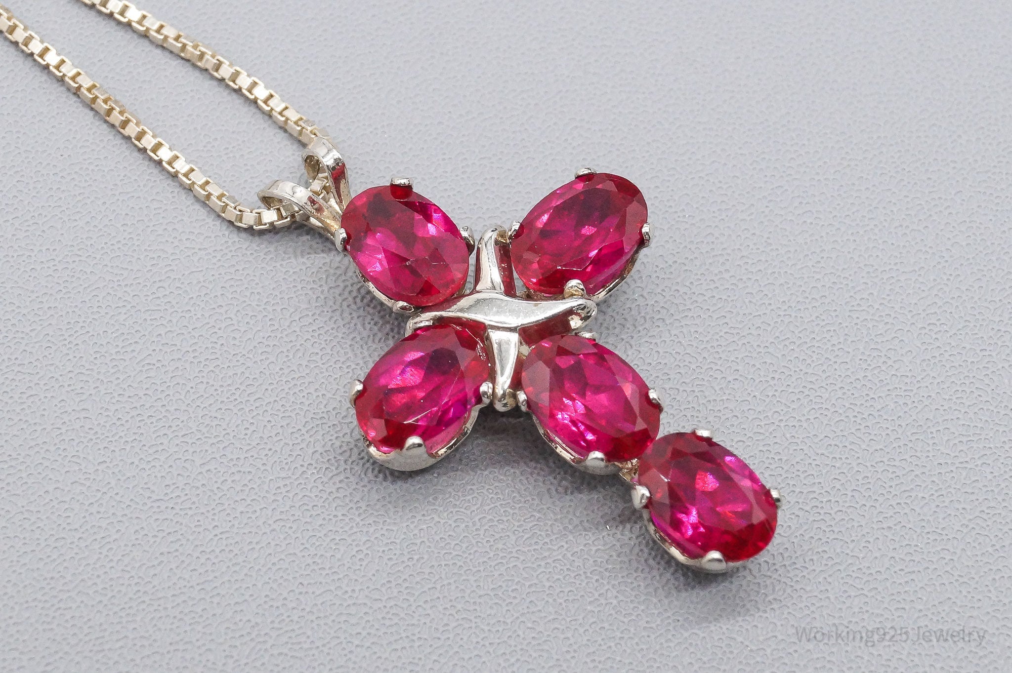 Vintage Lab Ruby Cross Sterling Silver Necklace 16"