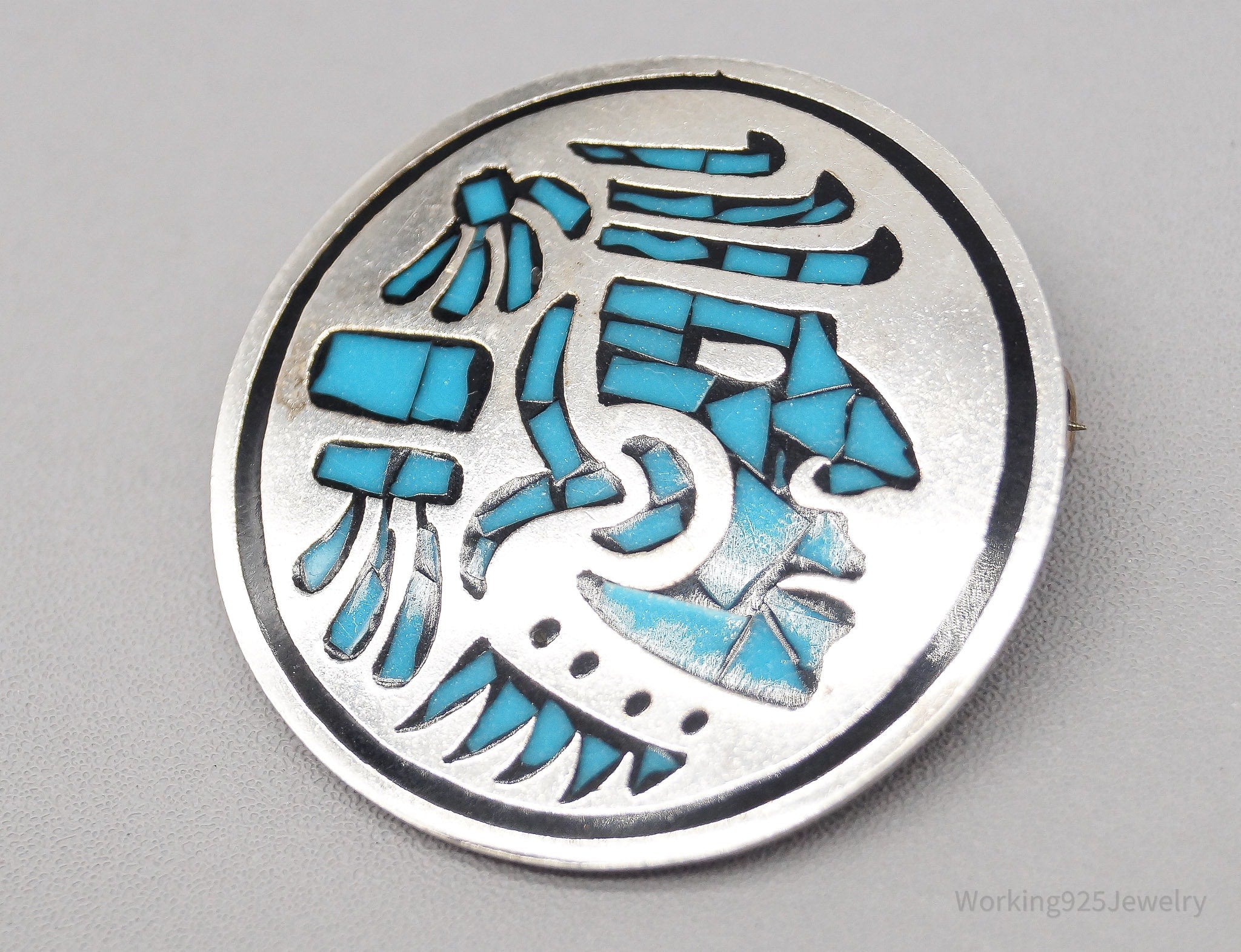 Vintage Mexico Mayan Aztec Warrior Turquoise Inlay Sterling Silver Pin Pendant