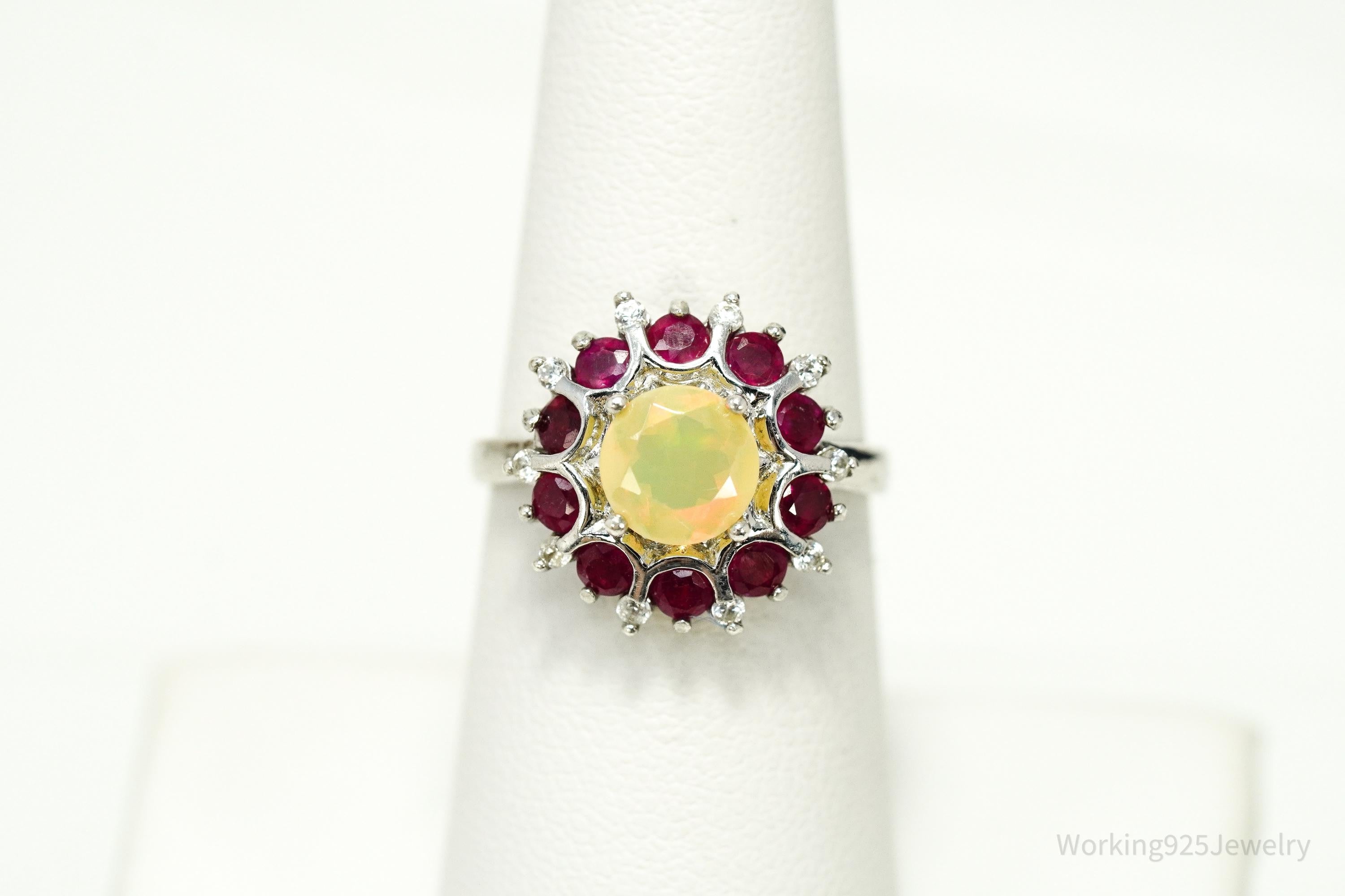 Vintage Ethiopian Opal & Ruby Sterling Silver Ring - Size 7