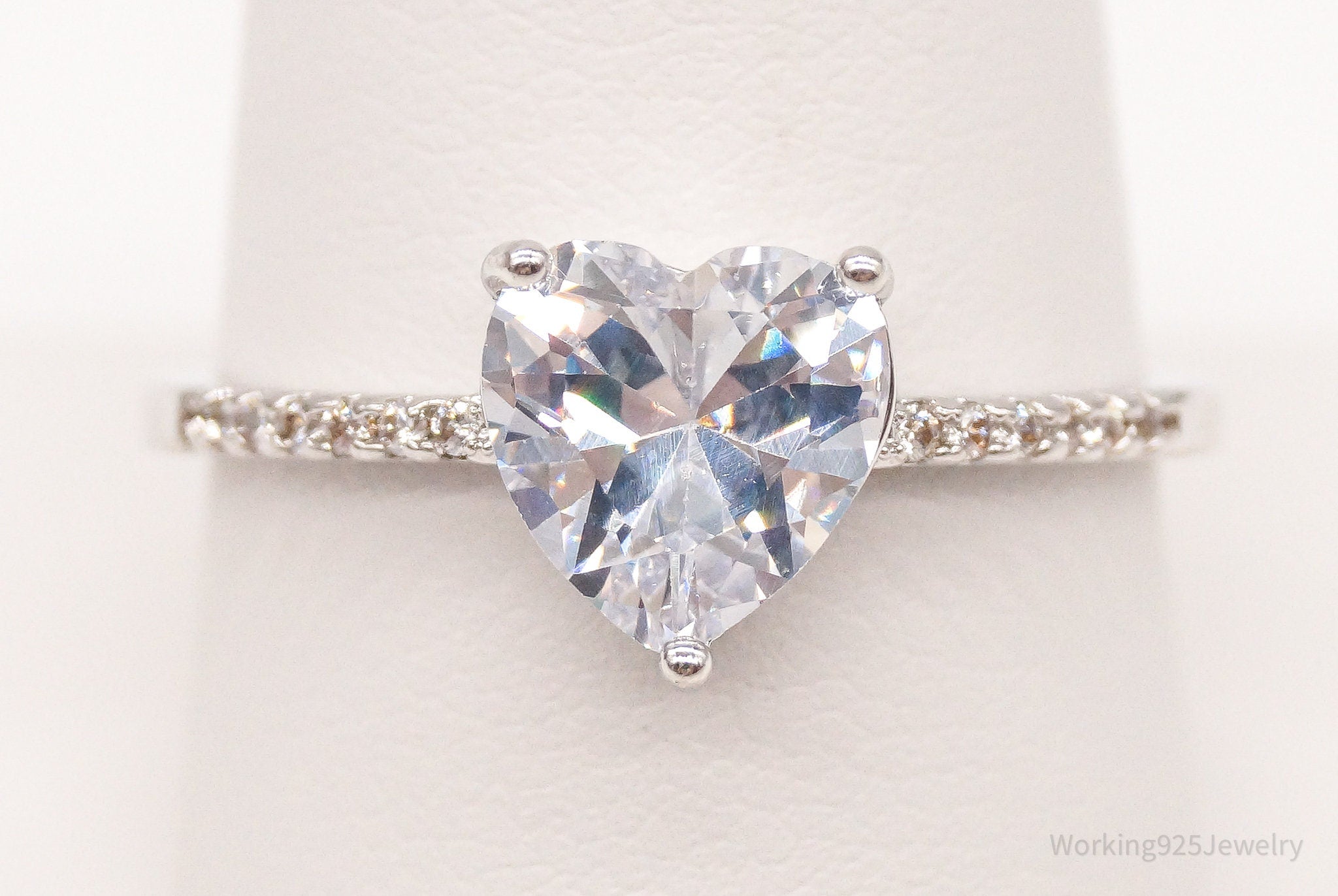 Large Cubic Zirconia Heart Sterling Silver Ring - Size 9.5