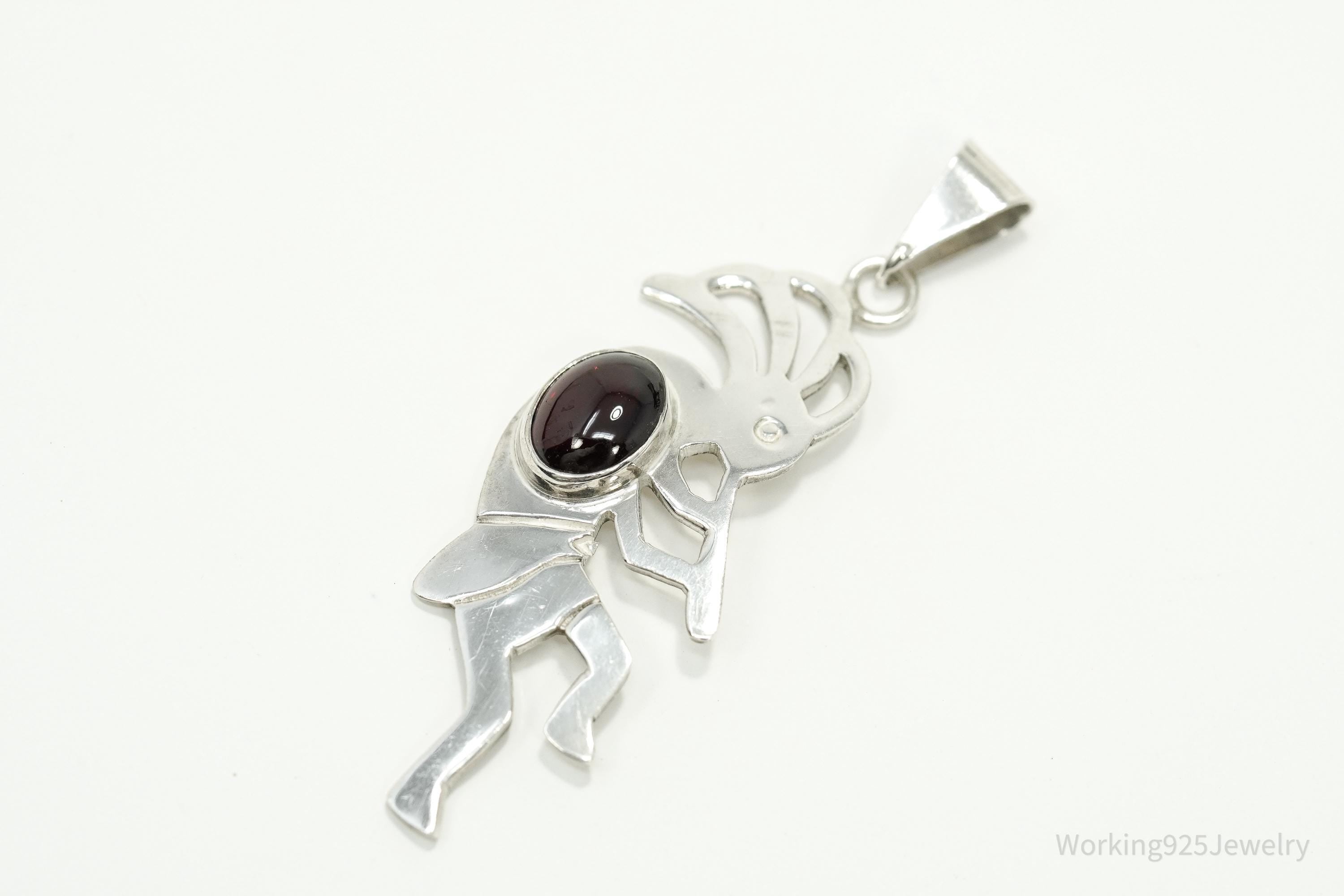 Large Vintage Native American Dancing Kokopelli Rhodolite Sterling Silver Pendant 2.5"
