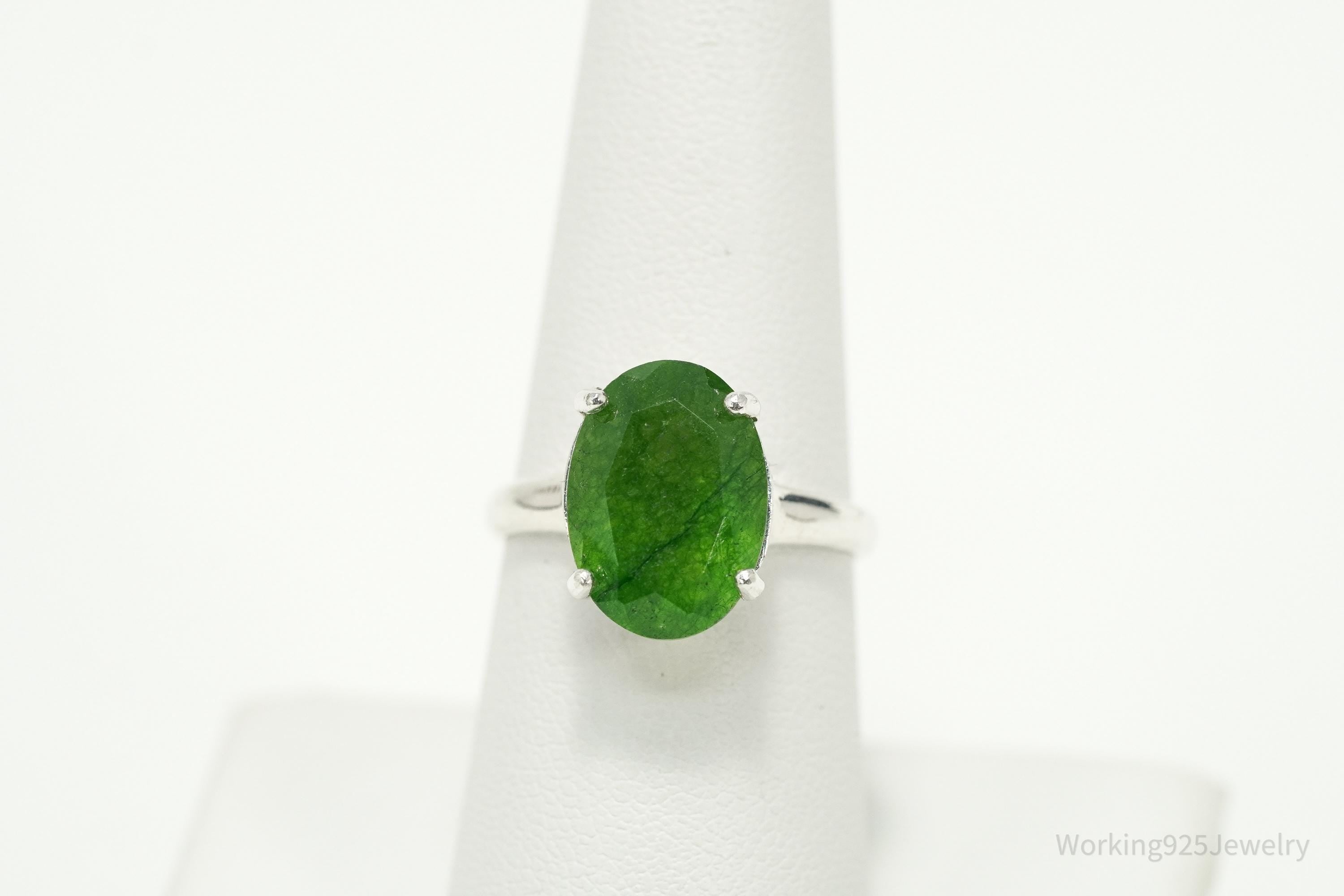 Vintage Oval Solitaire Emerald Sterling Silver Cocktail Ring – Size 7.25