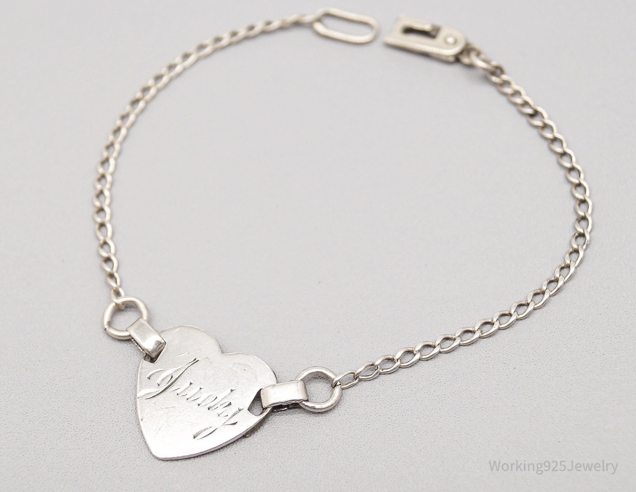 Antique "Judy" Name Etched Heart Silver Chain Bracelet - 6.5"