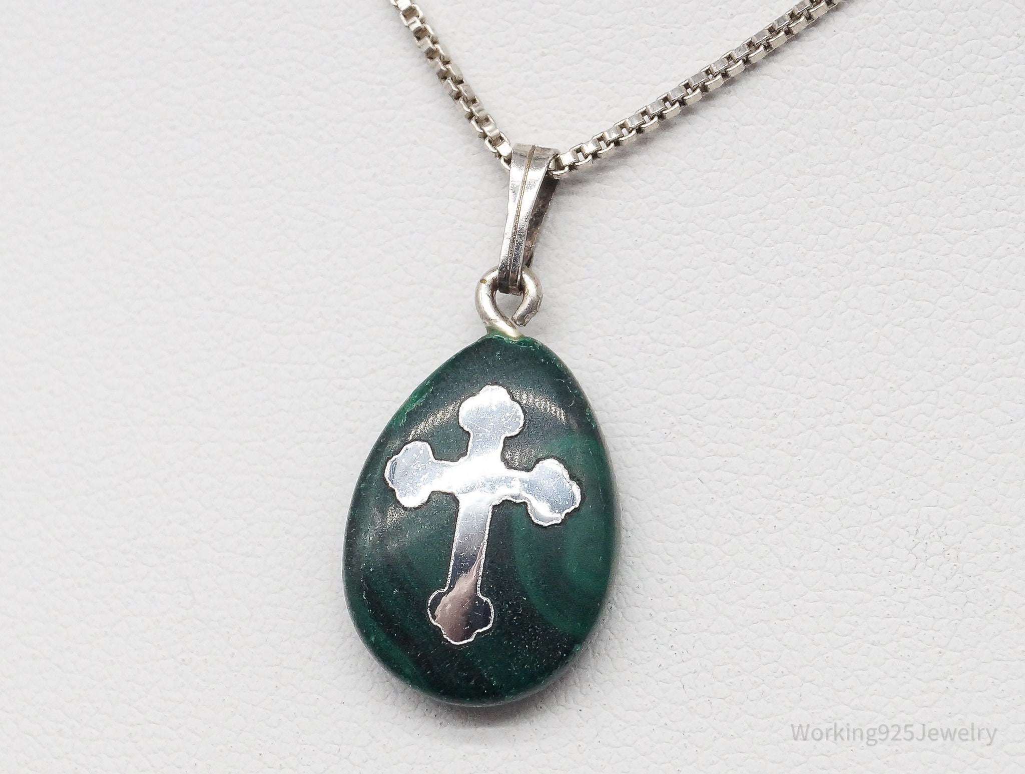 Vintage Cross On Malachite Sterling Silver Necklace - 18"