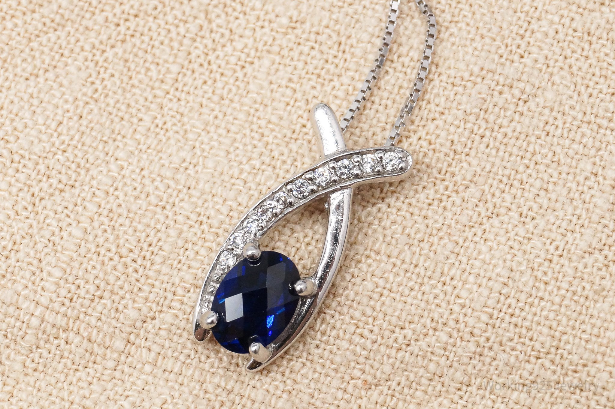 Vintage Lab Sapphire & Cubic Zirconia Sterling Silver Necklace 18"