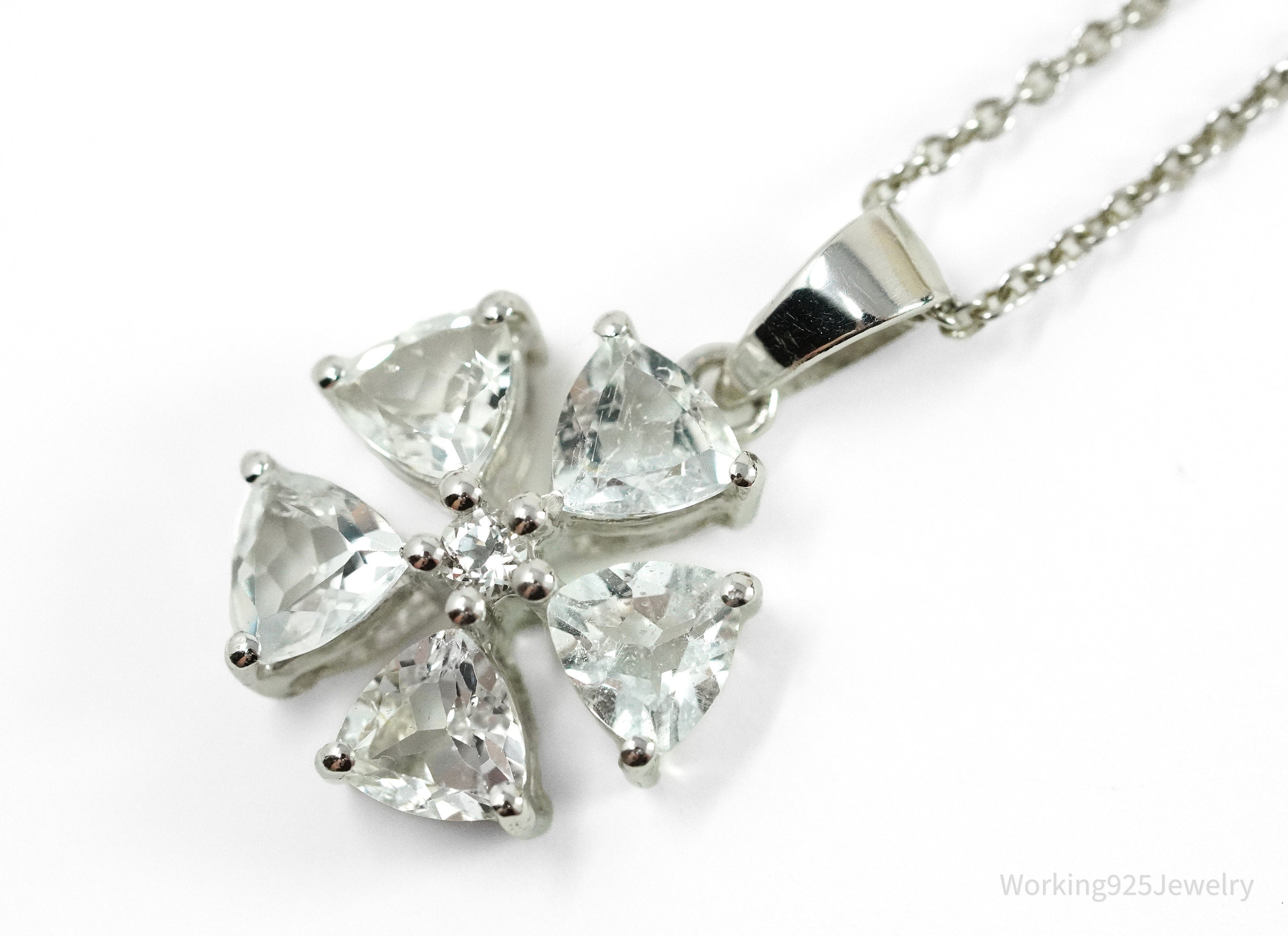 TGGC White Topaz Flower Sterling Silver Chain Necklace 18"