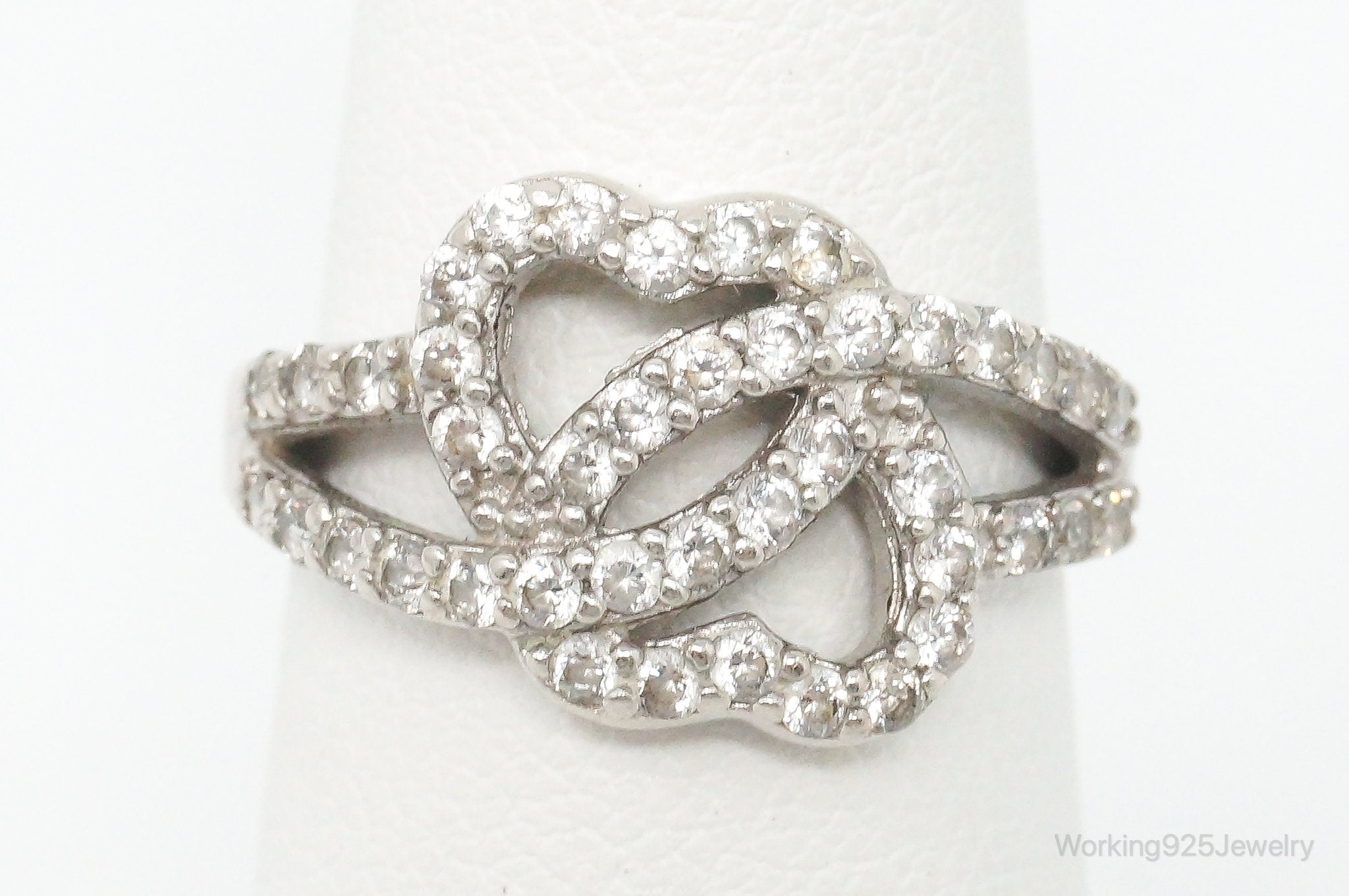 Vintage Cubic Zirconia Linked Hearts Sterling Silver Ring - Size 6