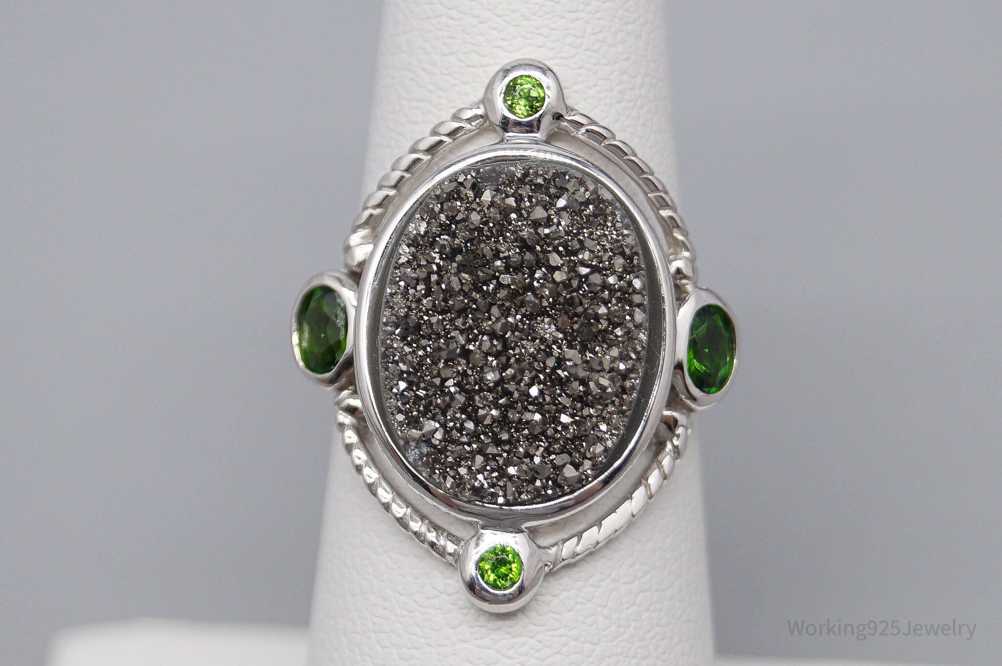 Druzy Quartz & Green Chrome Diopside Sterling Silver Ring - Size 6