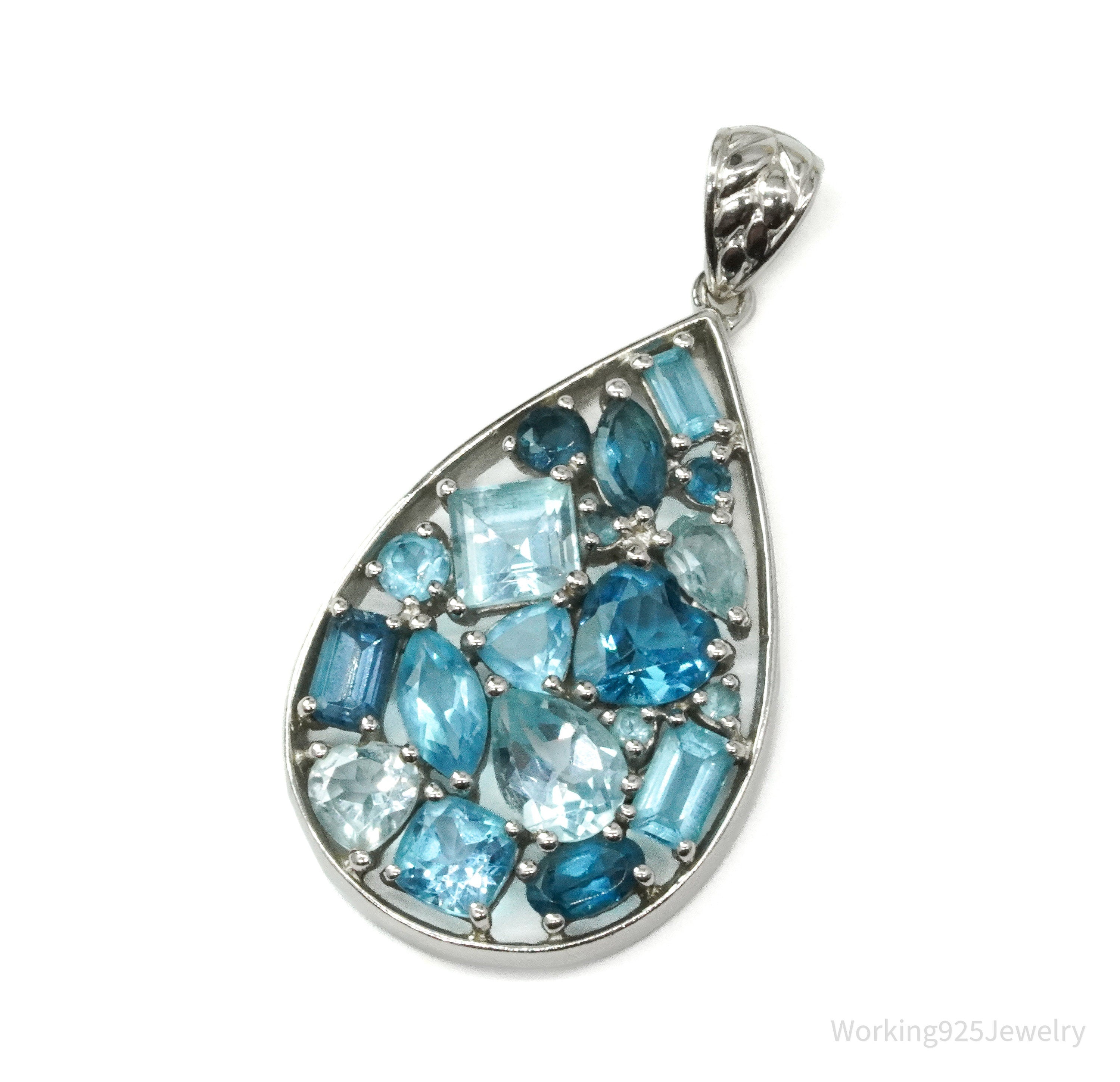 Vintage Blue Topaz Cluster Sterling Silver Necklace Pendant