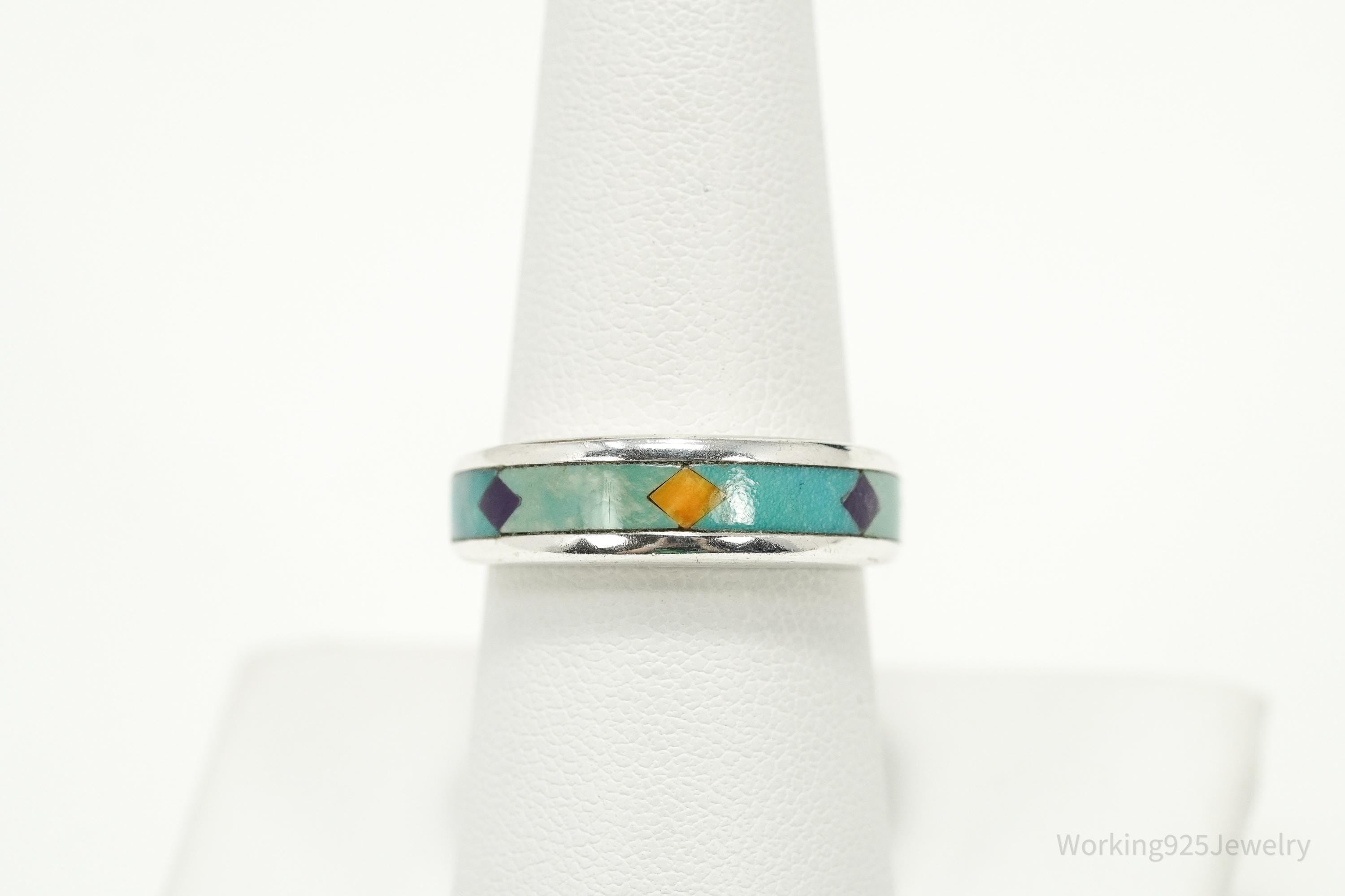 Vintage WJ Waldeck Johnson Sterling Silver Ring • Southwest Gem Inlay Sz 8