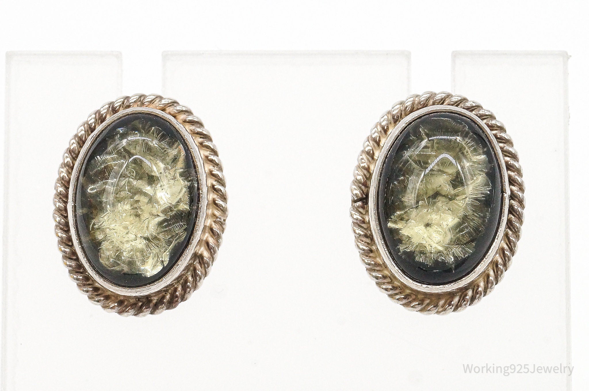 Vintage Native American RRJ Yellow Amber Sterling Silver Earrings