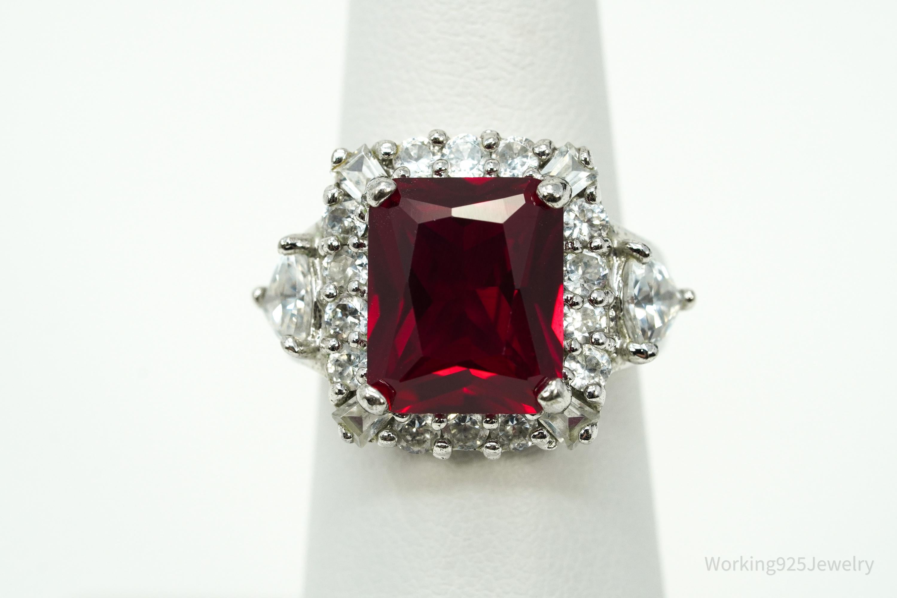 Vintage Lab Ruby & Cubic Zirconia Sterling Silver Ring - Size 6