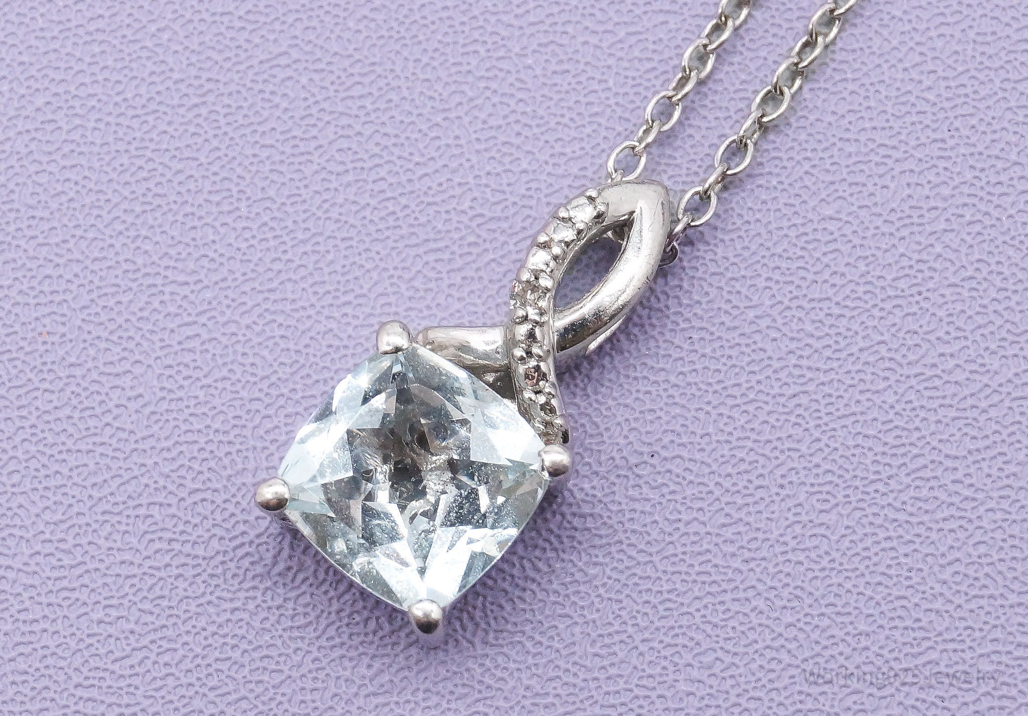 Vintage Aquamarine & Diamond Sterling Silver Necklace 18"