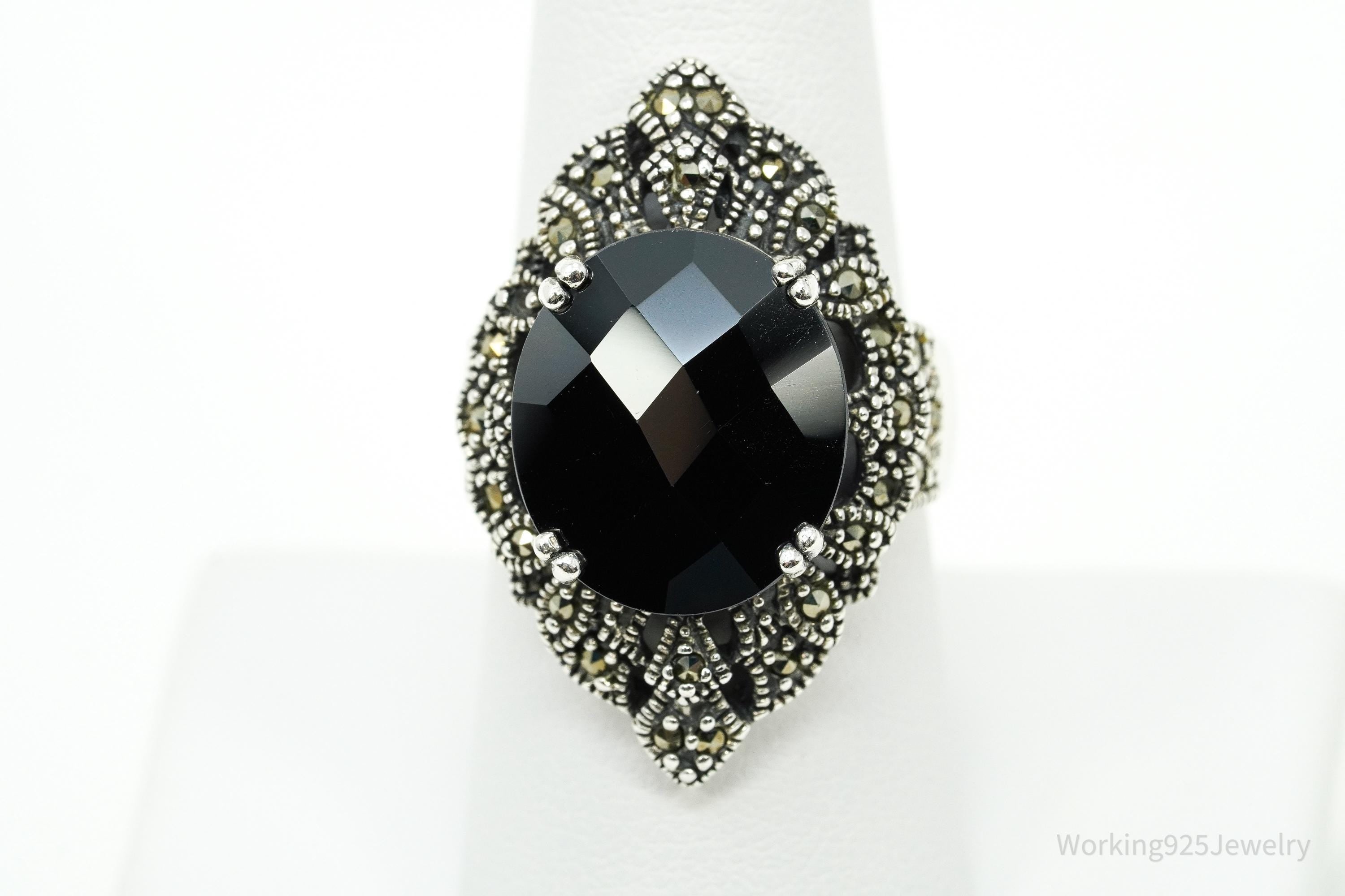 Vintage Black Onyx & Marcasite Sterling Silver Ring - Size 8