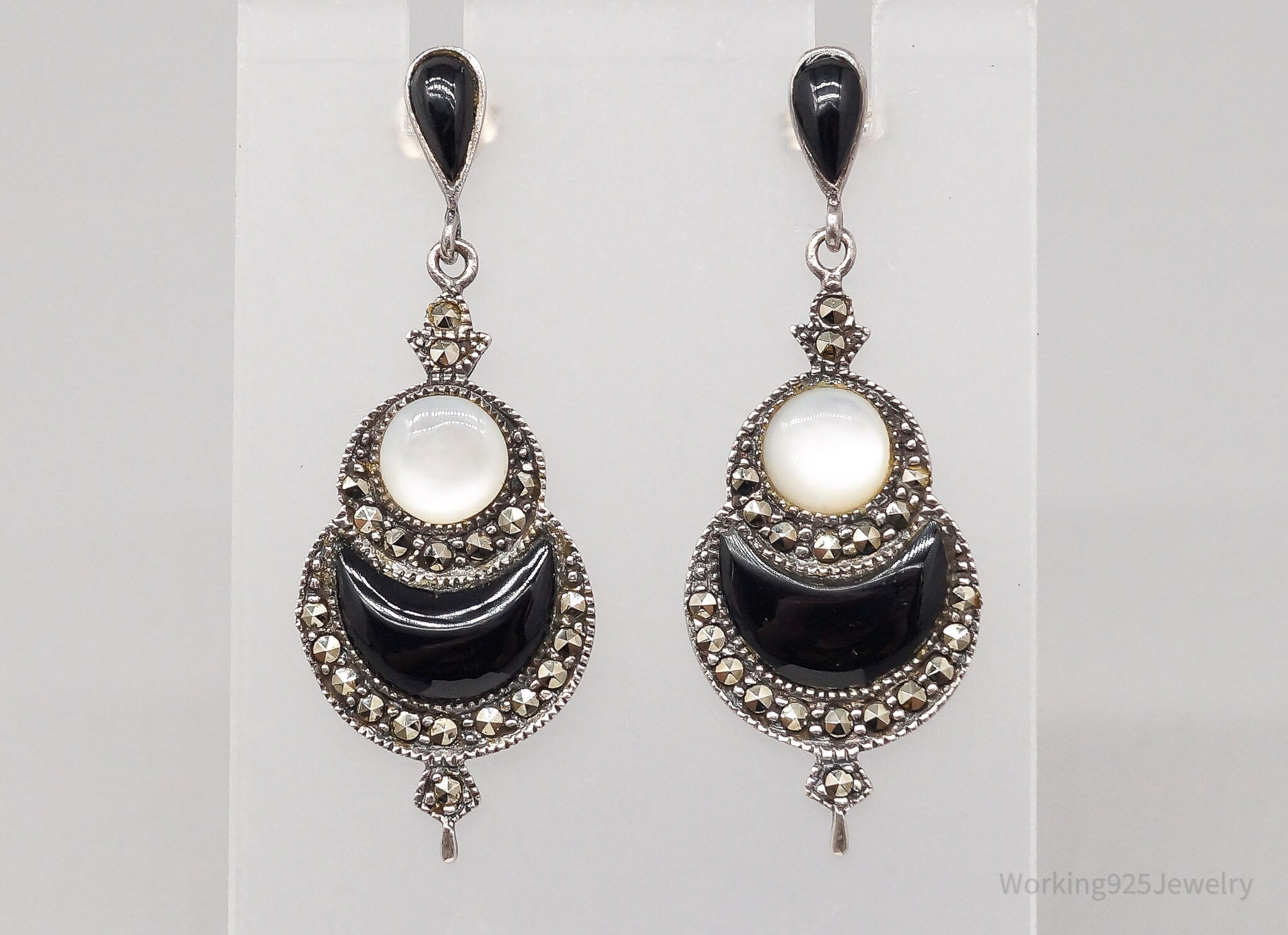Vintage Mother Of Pearl Black Onyx Marcasite Sterling Silver Earrings