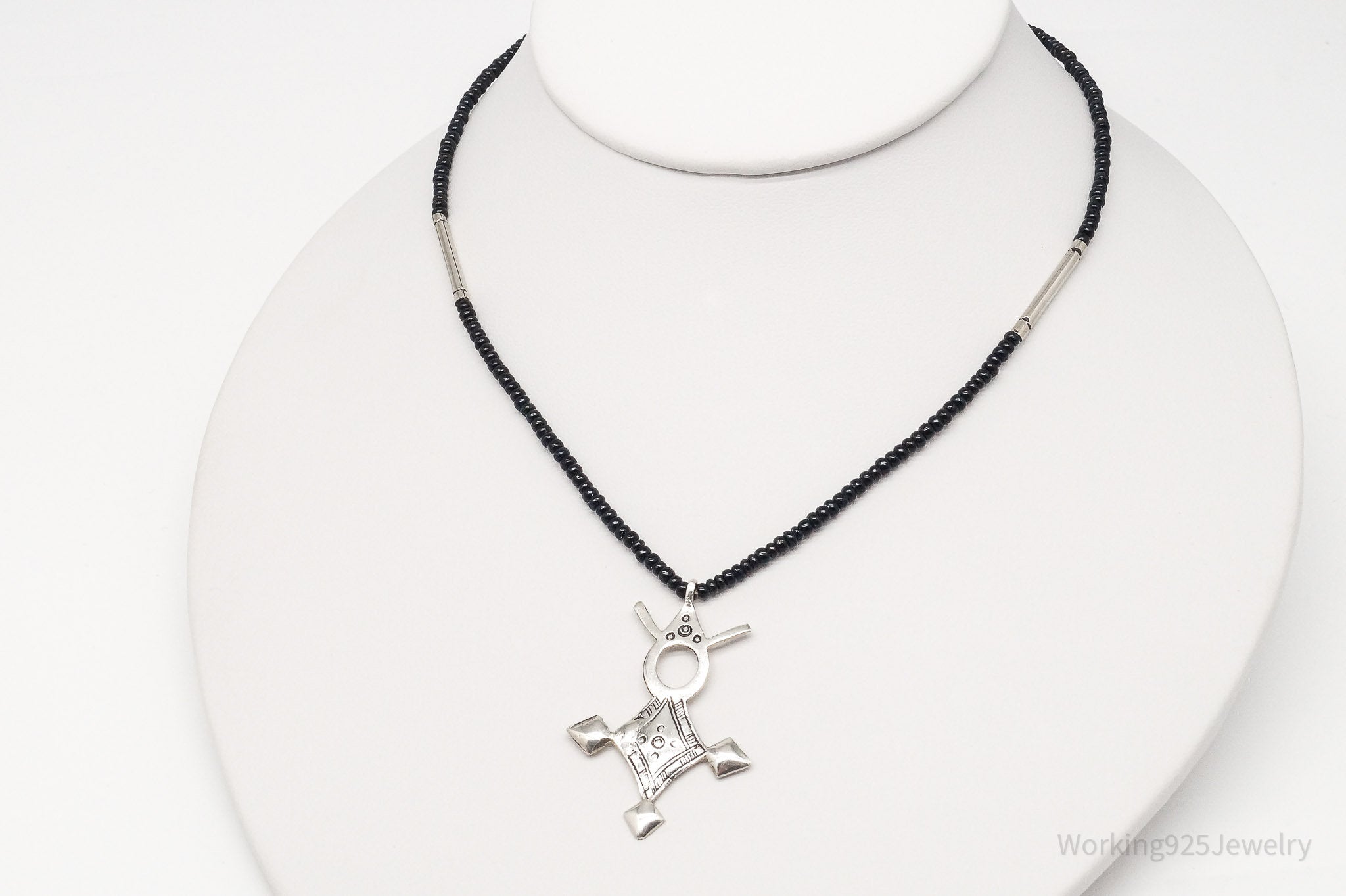 Vintage Large Silver Southern Cross Black Bead Necklace 18"