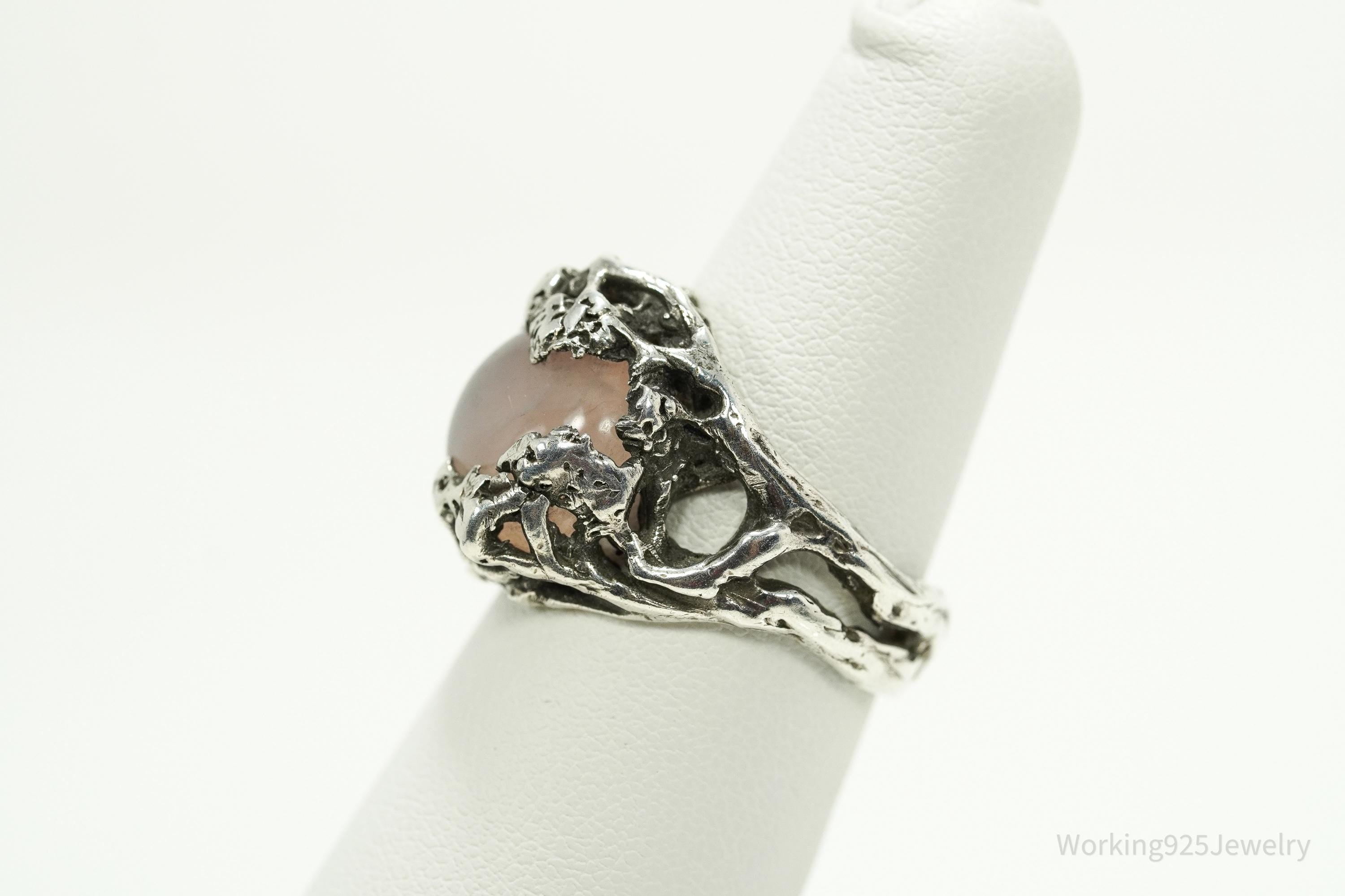 Vintage Brutalist Rose Quartz Sterling Silver Ring - Size 6.5