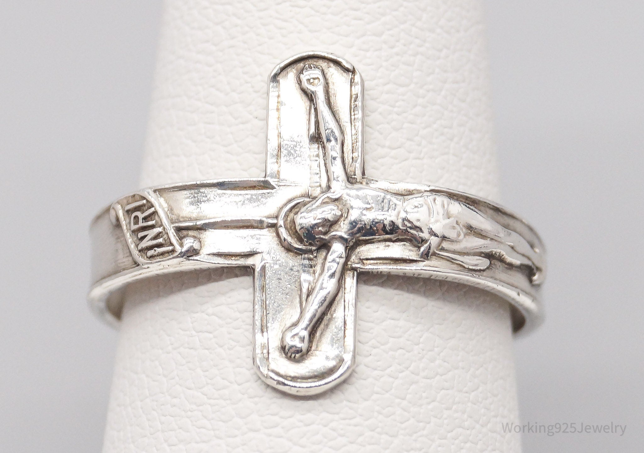 Vintage Crucifix Cross Sterling Silver Band Ring - Size 8.75 Adjustable