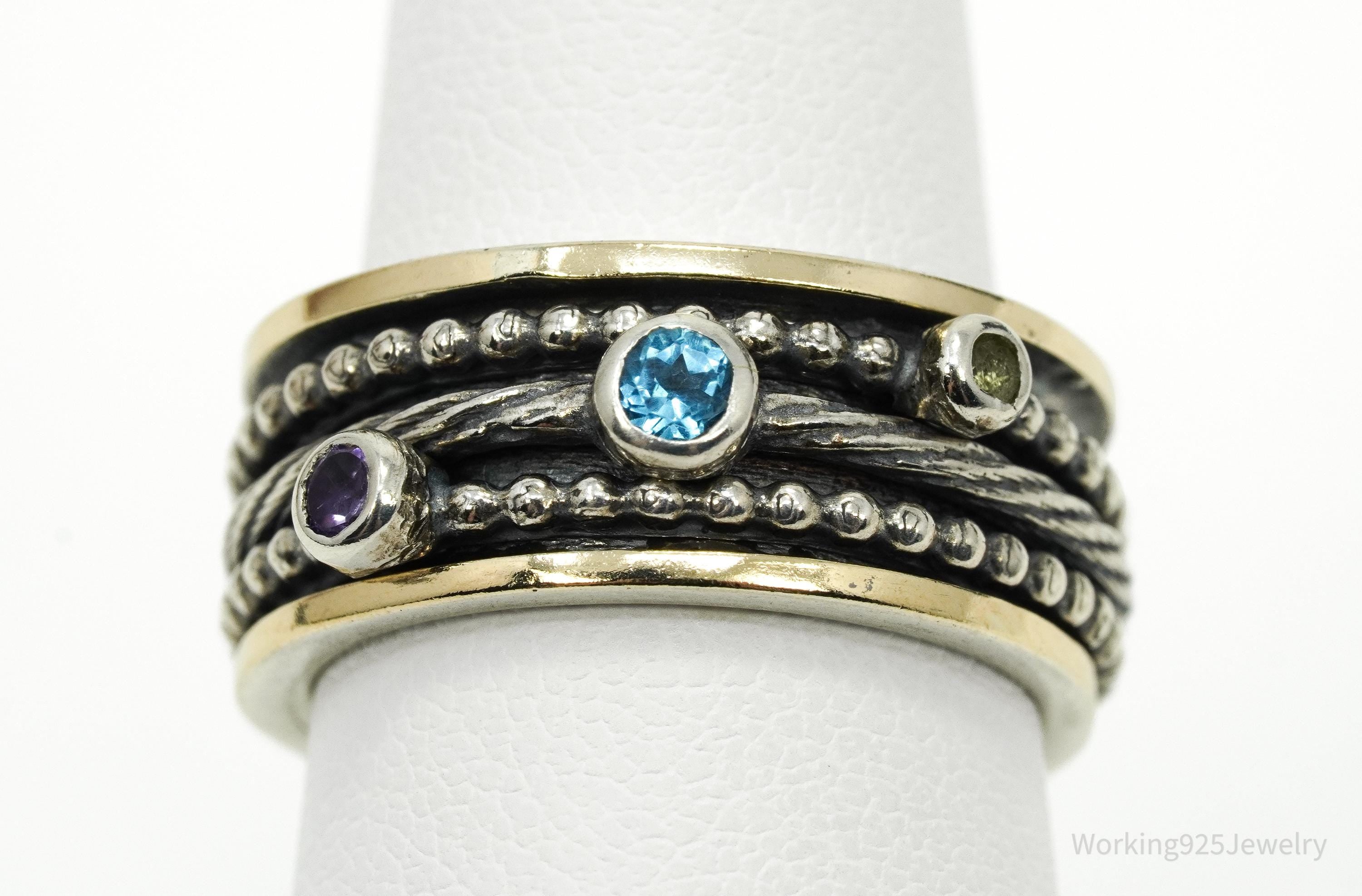 Designer PZ 14K Gold Multi Gem Spinner Sterling Silver Ring - Size 6.5