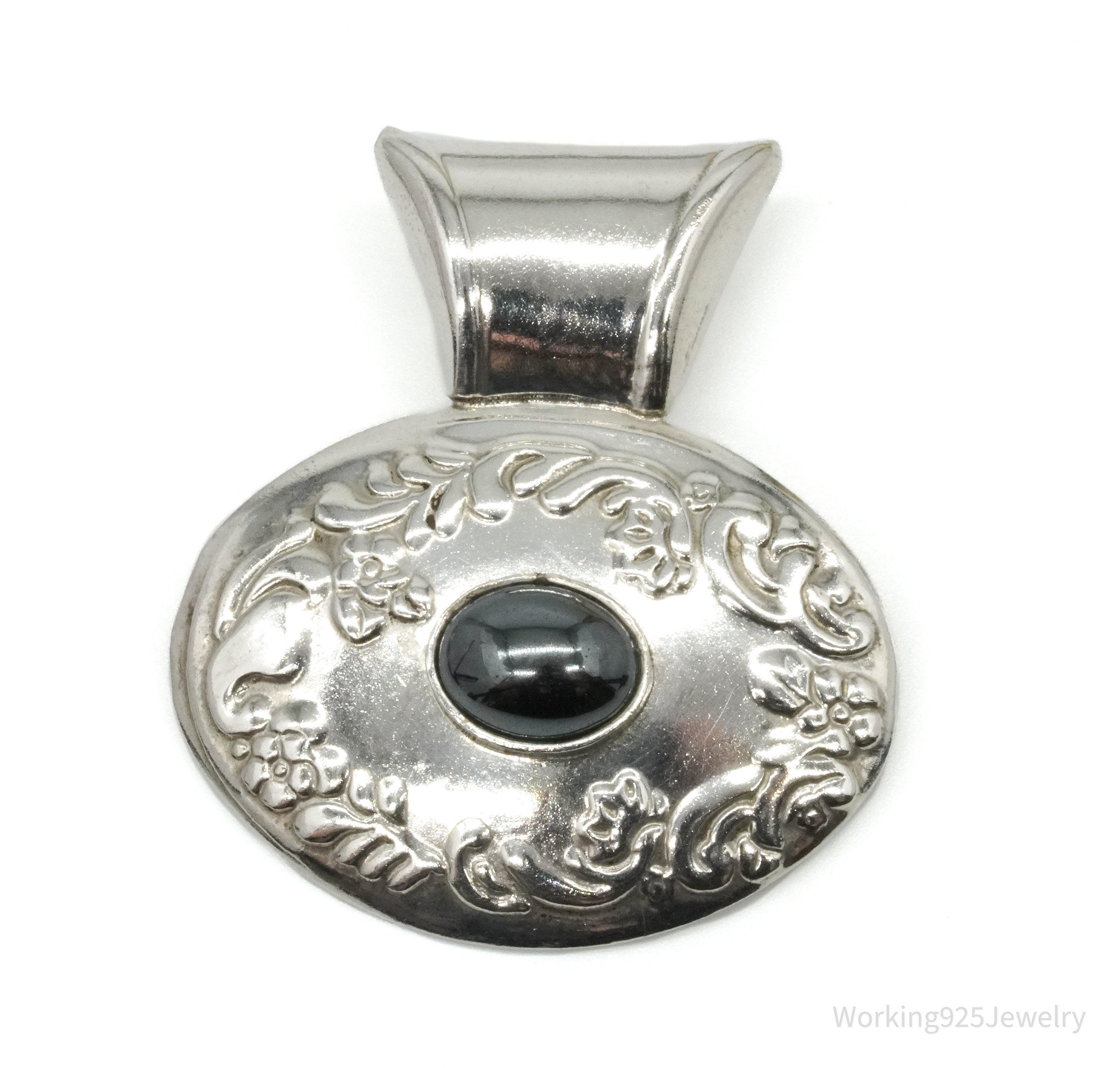 Large Vintage Mexico Hematite Floral Sterling Silver Pendant