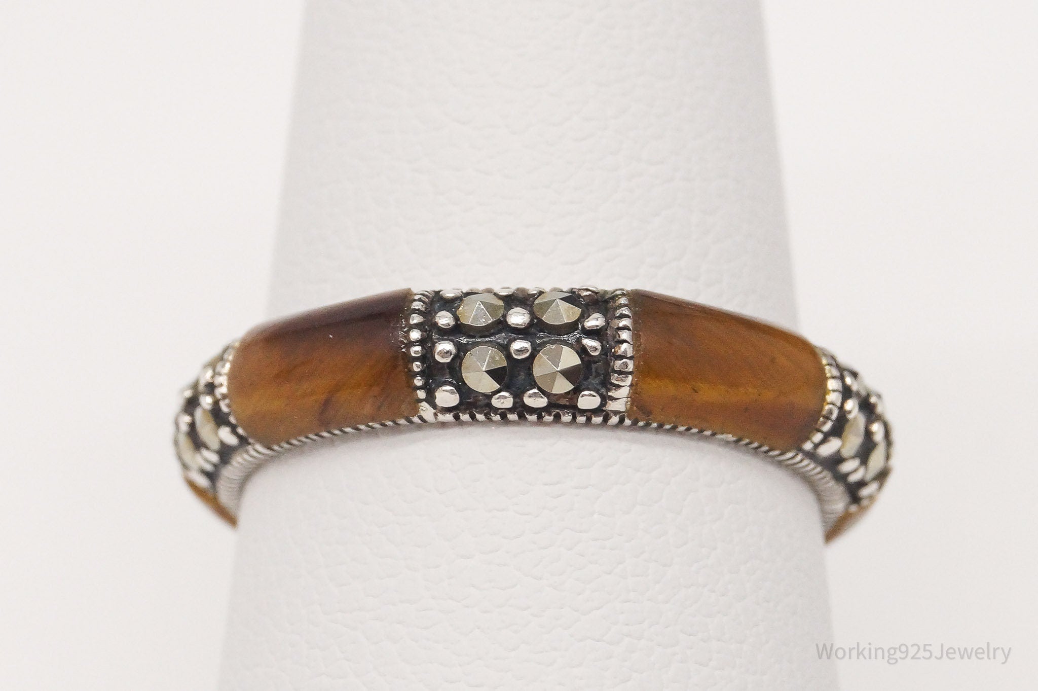 Vintage Tigers Eye Marcasite Sterling Silver Ring - Size 7.75