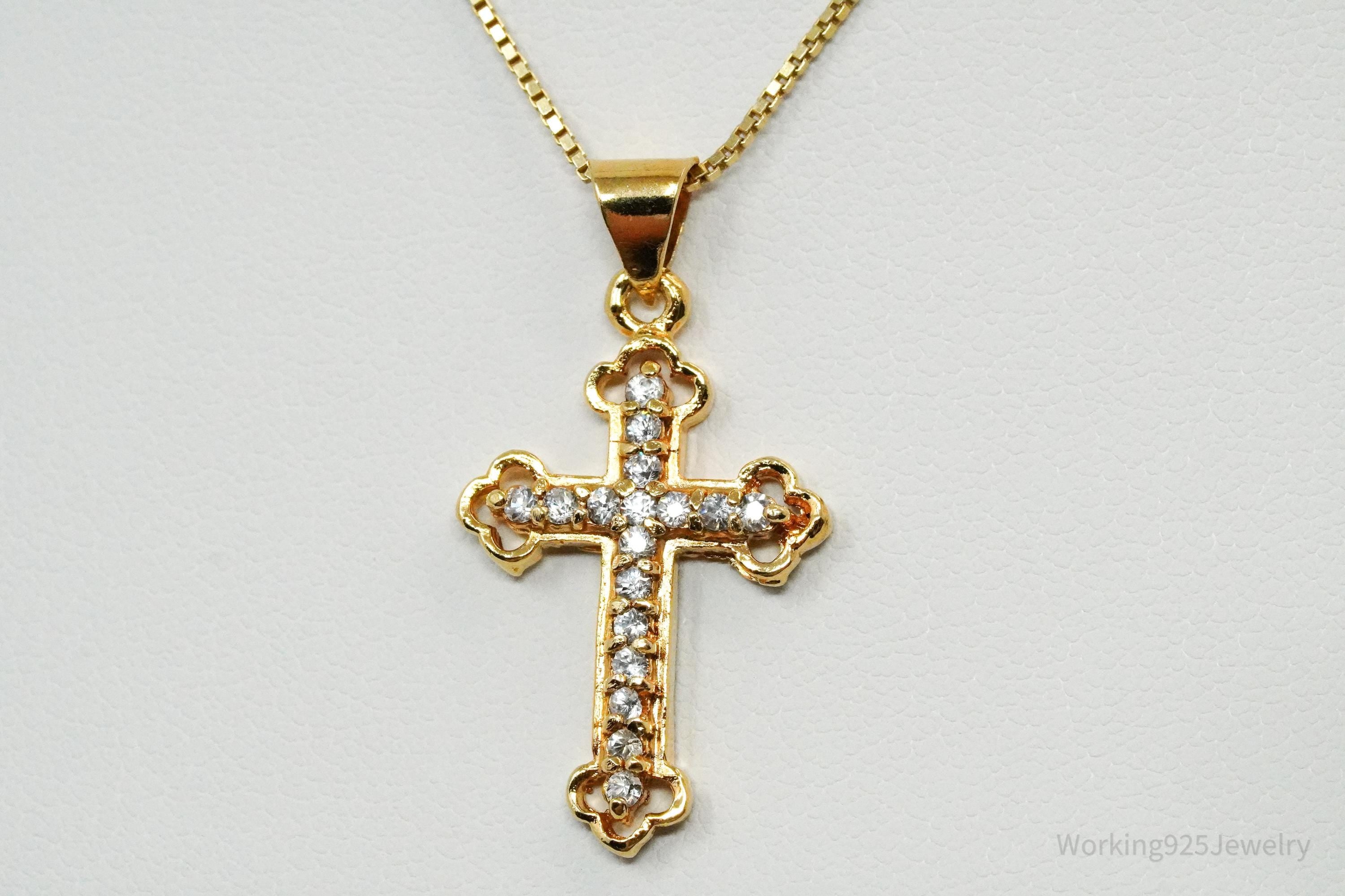 Vintage Cubic Zirconia Gold Over Sterling Silver Cross Necklace 22"