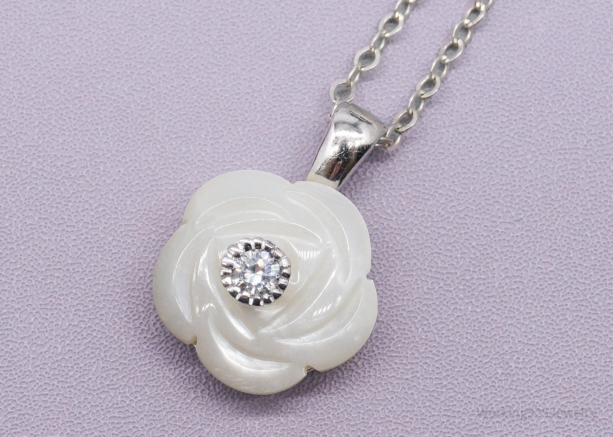 Vintage Cubic Zirconia & Mother Of Pearl Rose Sterling Silver Necklace 18"