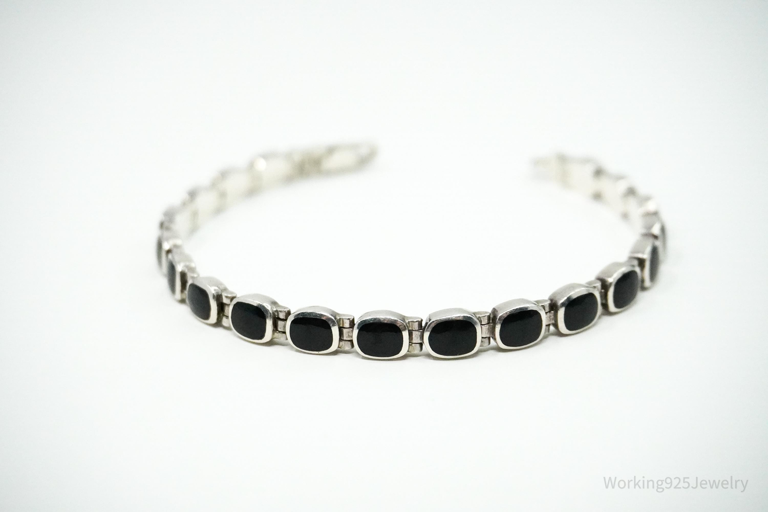 Vintage Southwestern Designer Peyote Bird Black Onyx Inlay Sterling Silver Bracelet 7.5