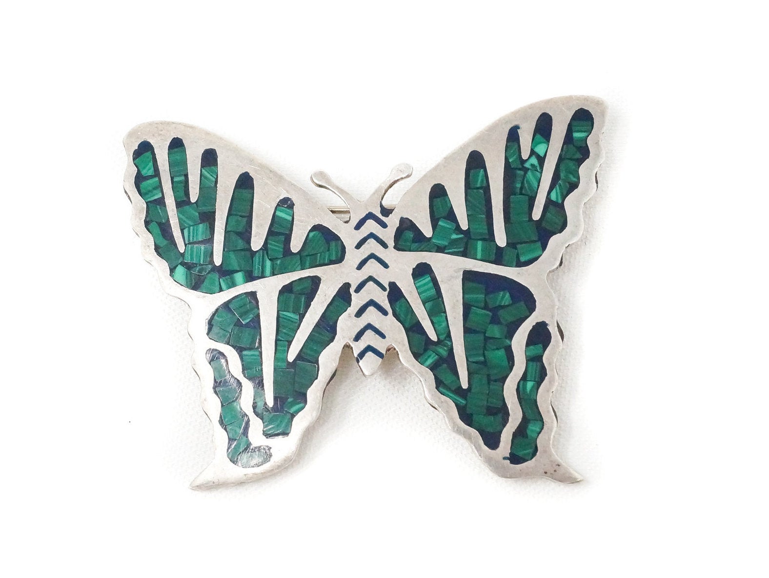 Vintage Taxco Mexico Malachite Butterfly Sterling Silver Brooch Pin