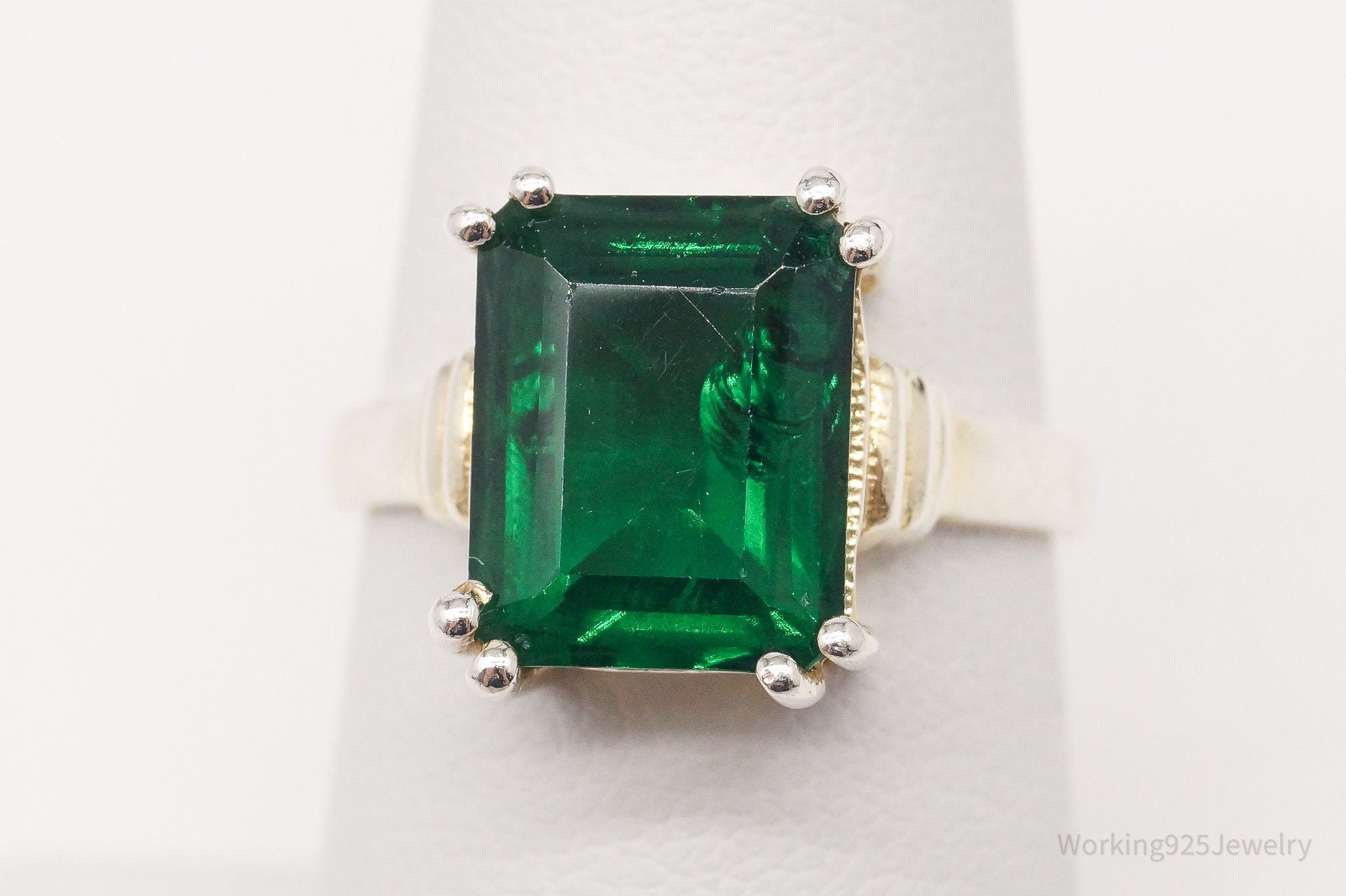 Vintage Lab Emerald Gold Wash Sterling Silver Ring Size 7